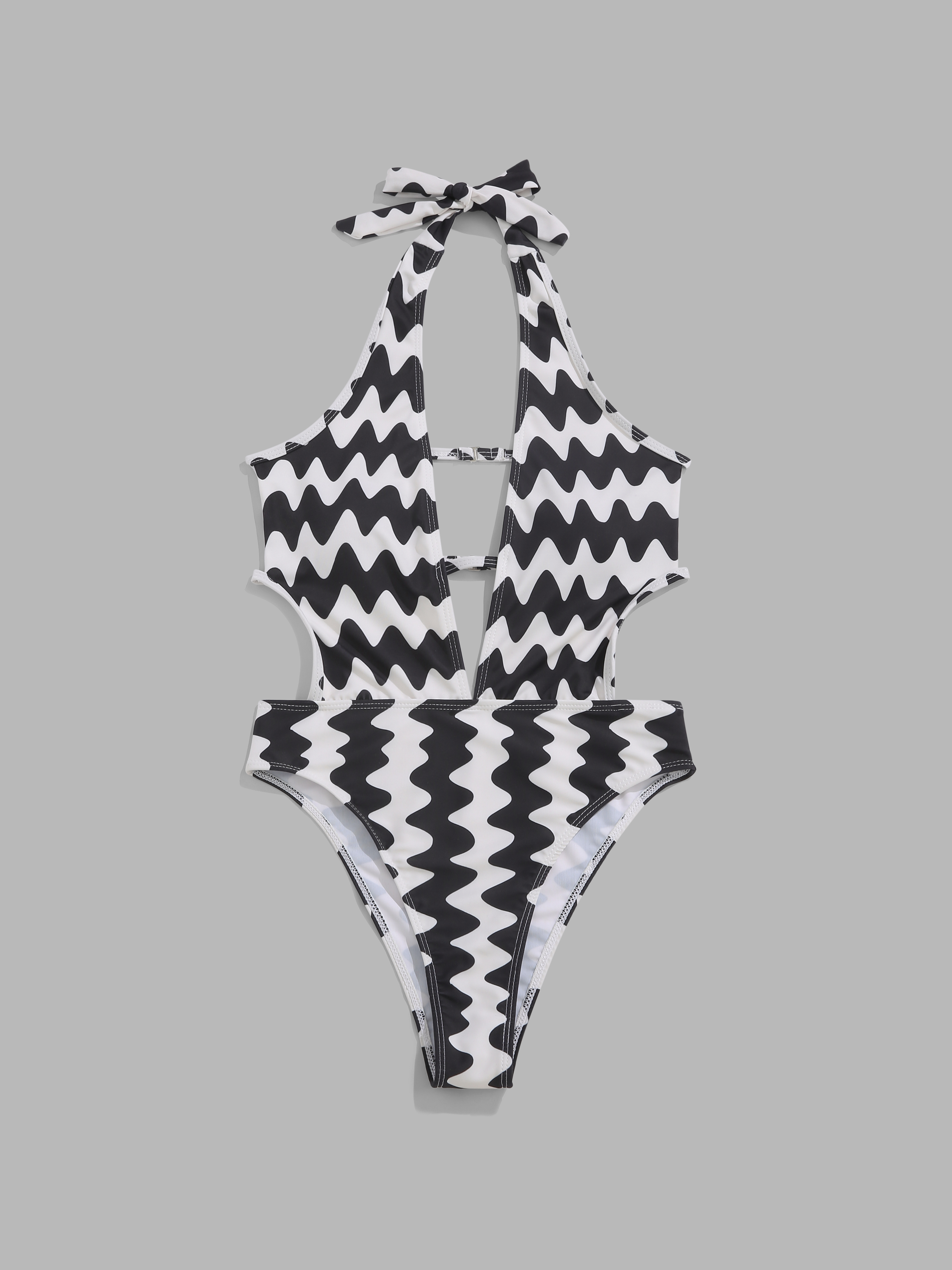 Wave Print Halter Neckline Bikini Set Cider