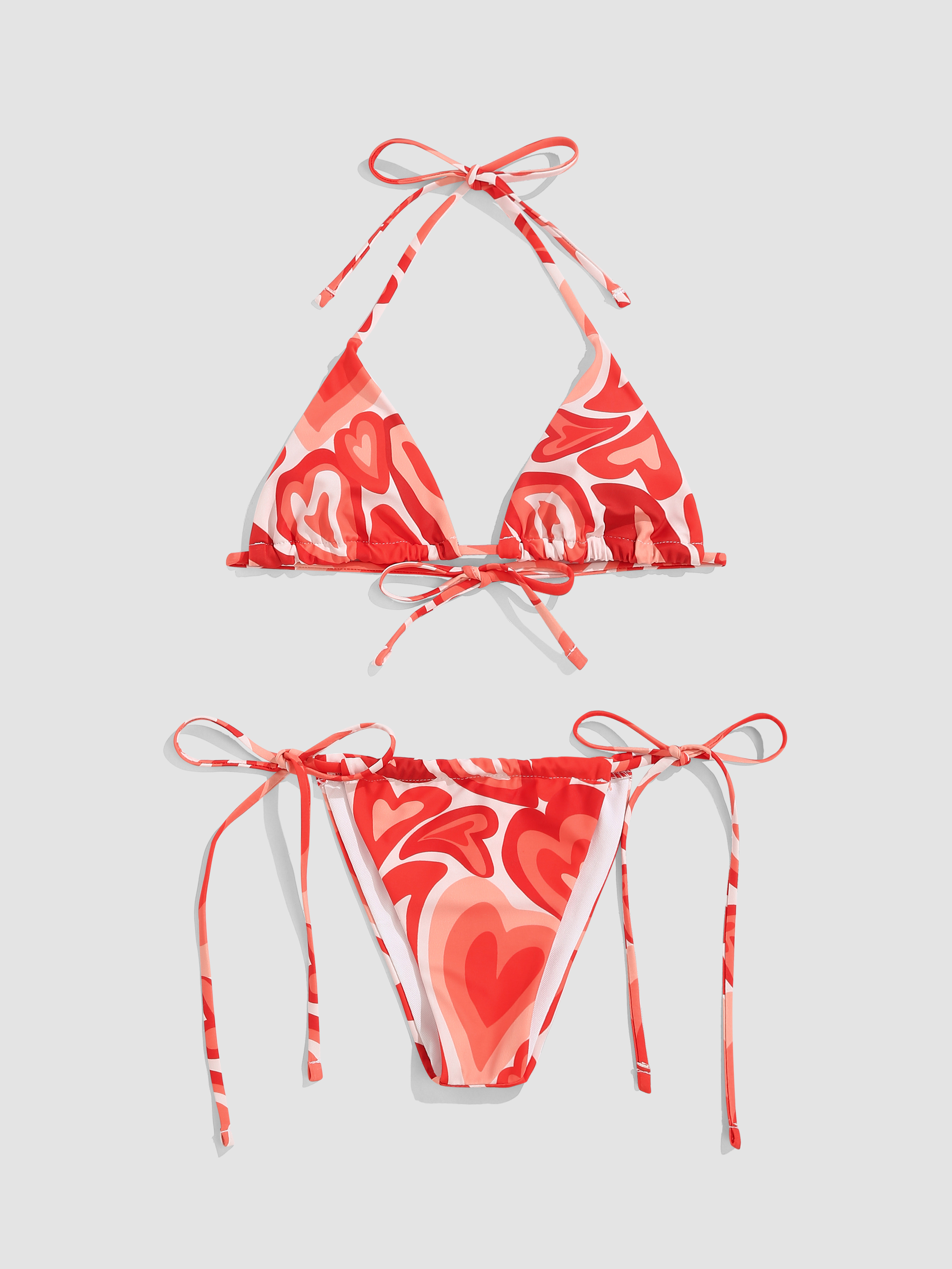 Heart Wave Print Triangle Bikini Set Cider