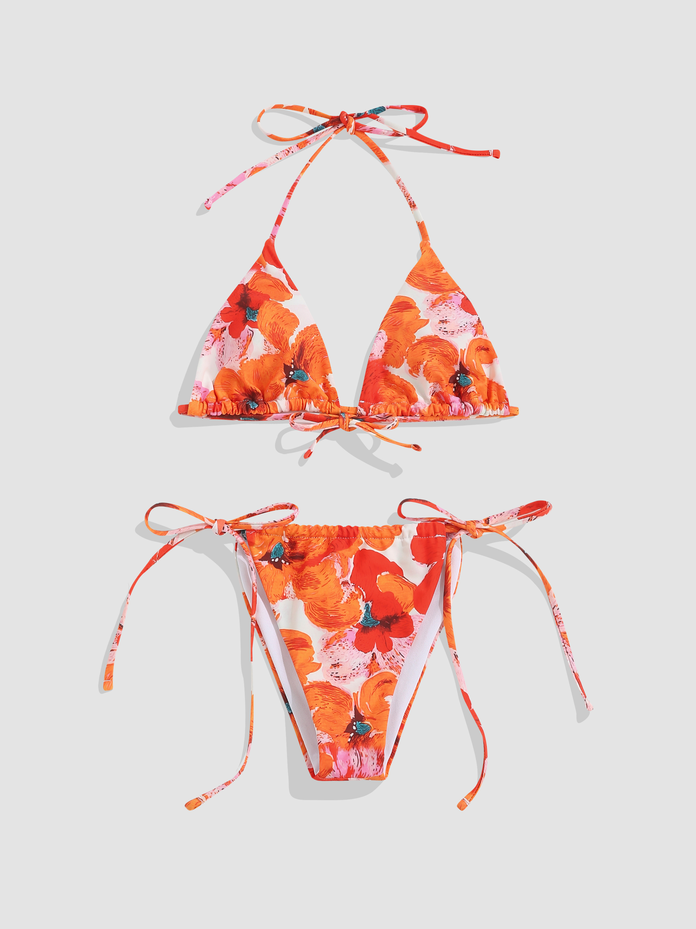 Floral Watercolor Tie Side Halter Bikini Set Cider