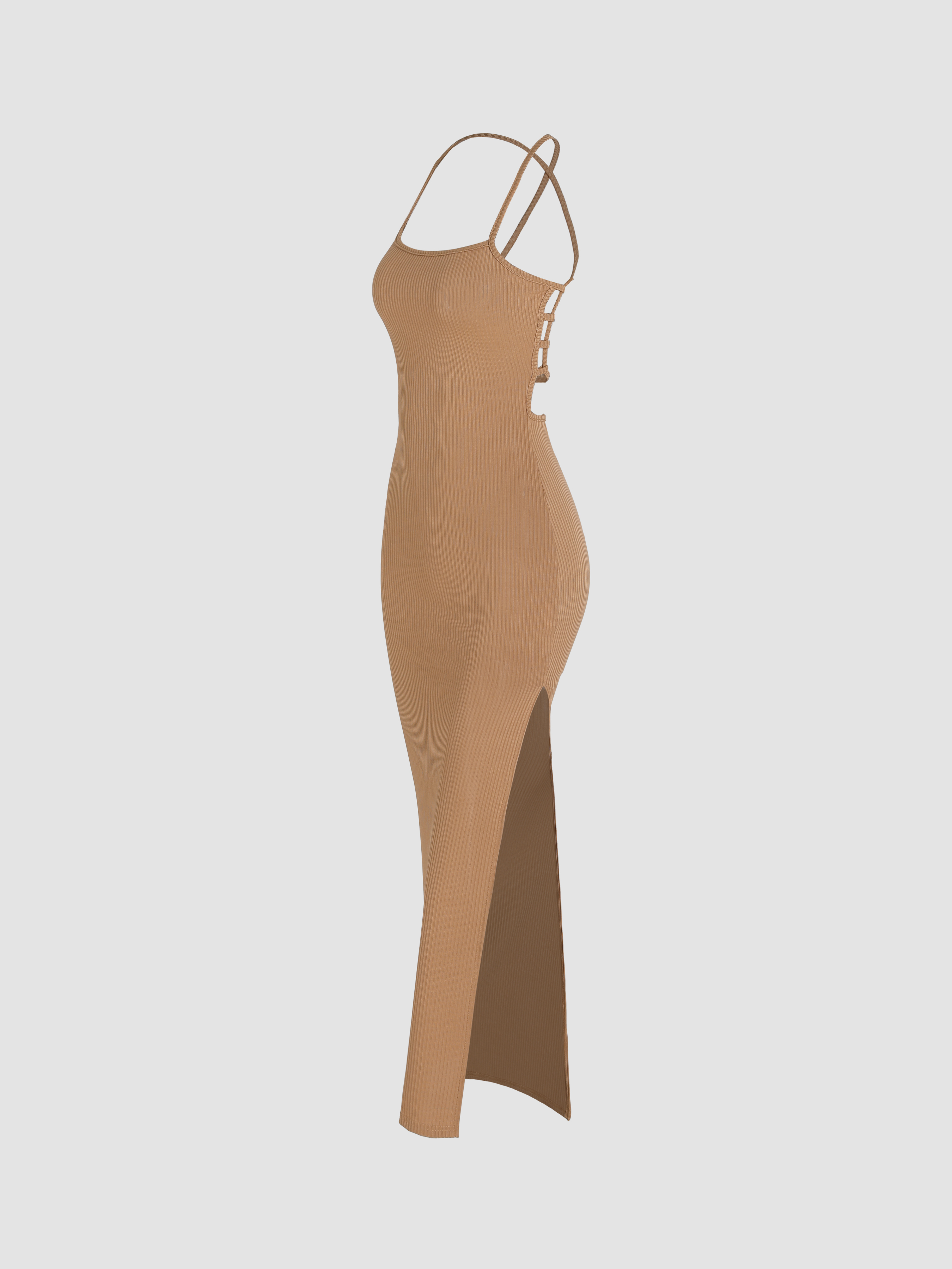 Rib Slit Knotted Backless Cami Dress For Coffee Shop Exhibition