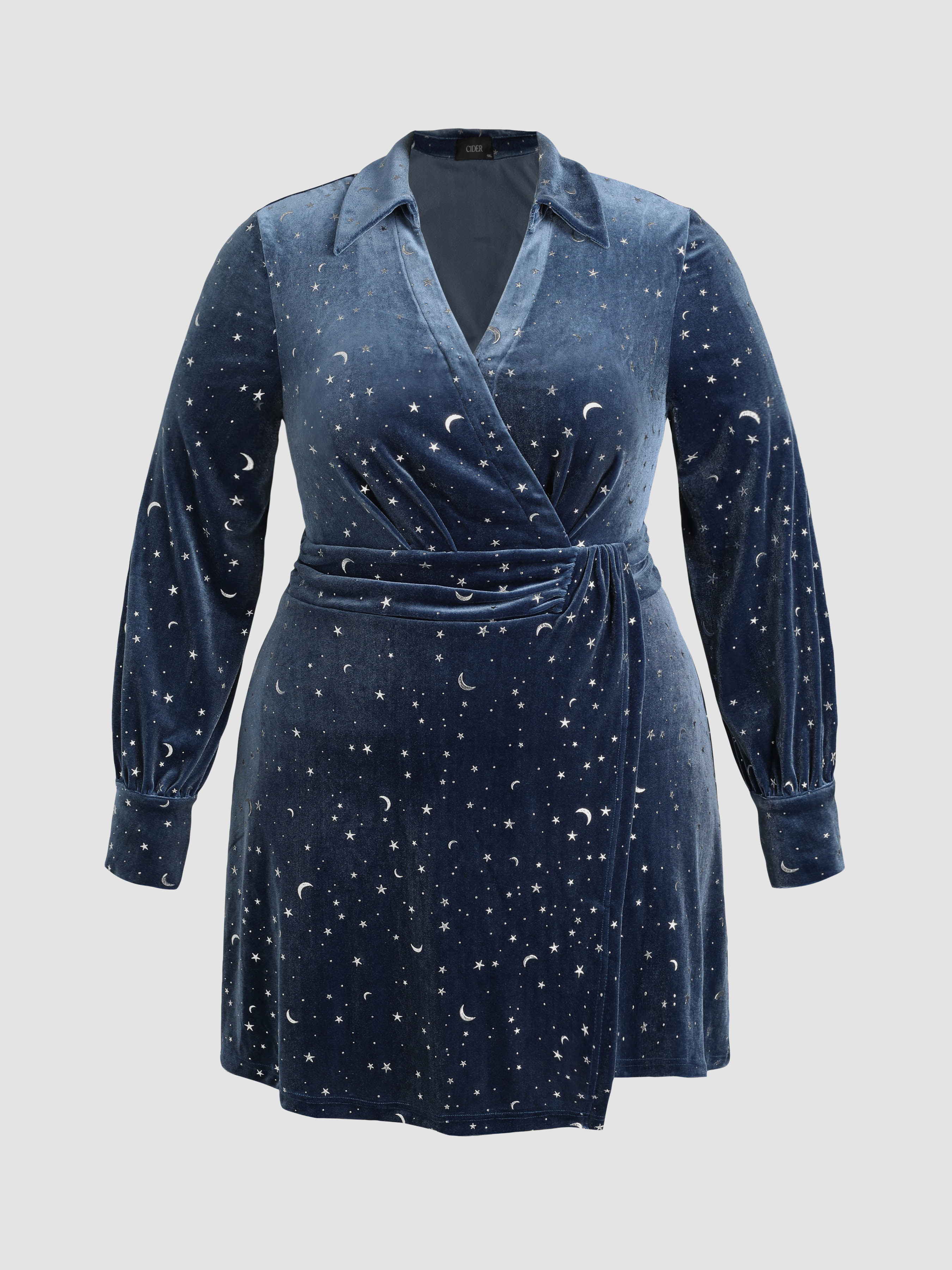 Curve Plus Velvet V Neck Star Moon Pattern Glitter Mini Dress For