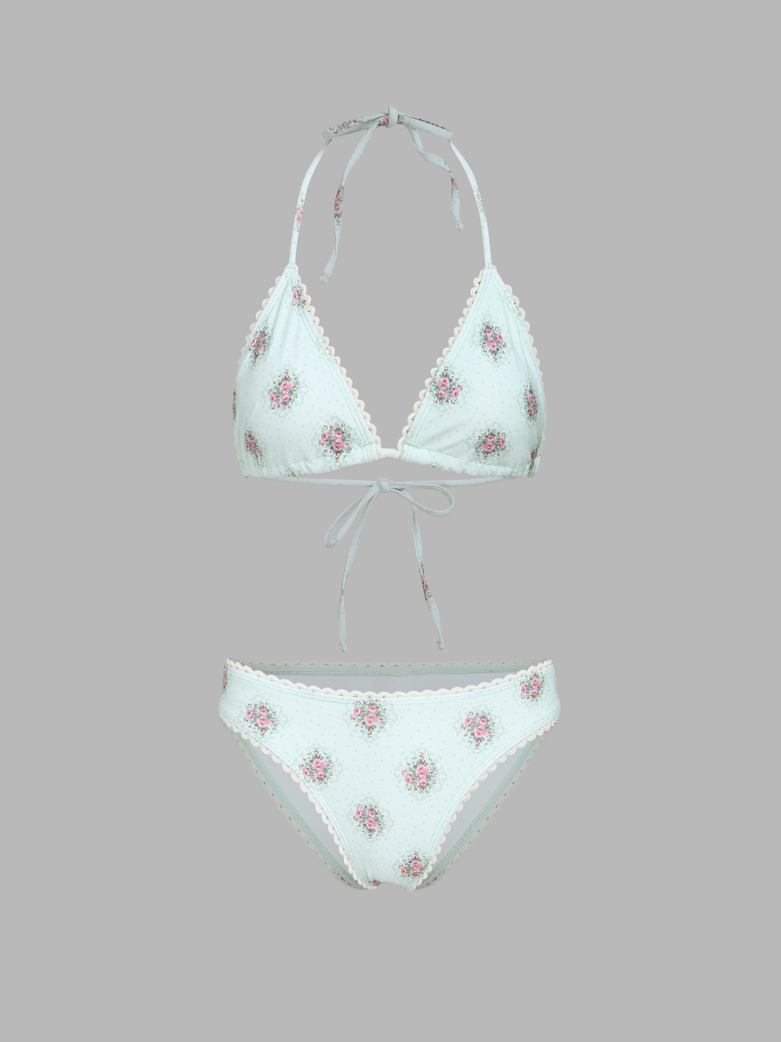 Floral Halter Lace Trim Bikini Set Cider