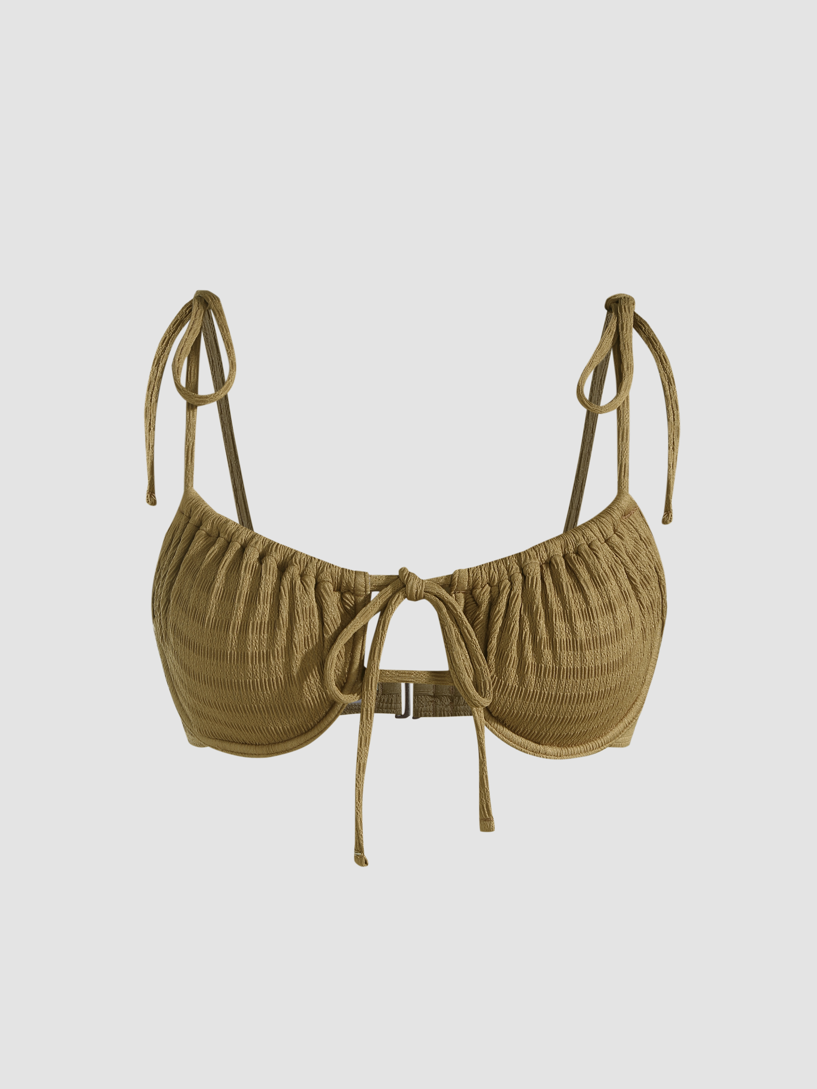 V Neck Tie Front Ruched Underwire Bikini Top Cider