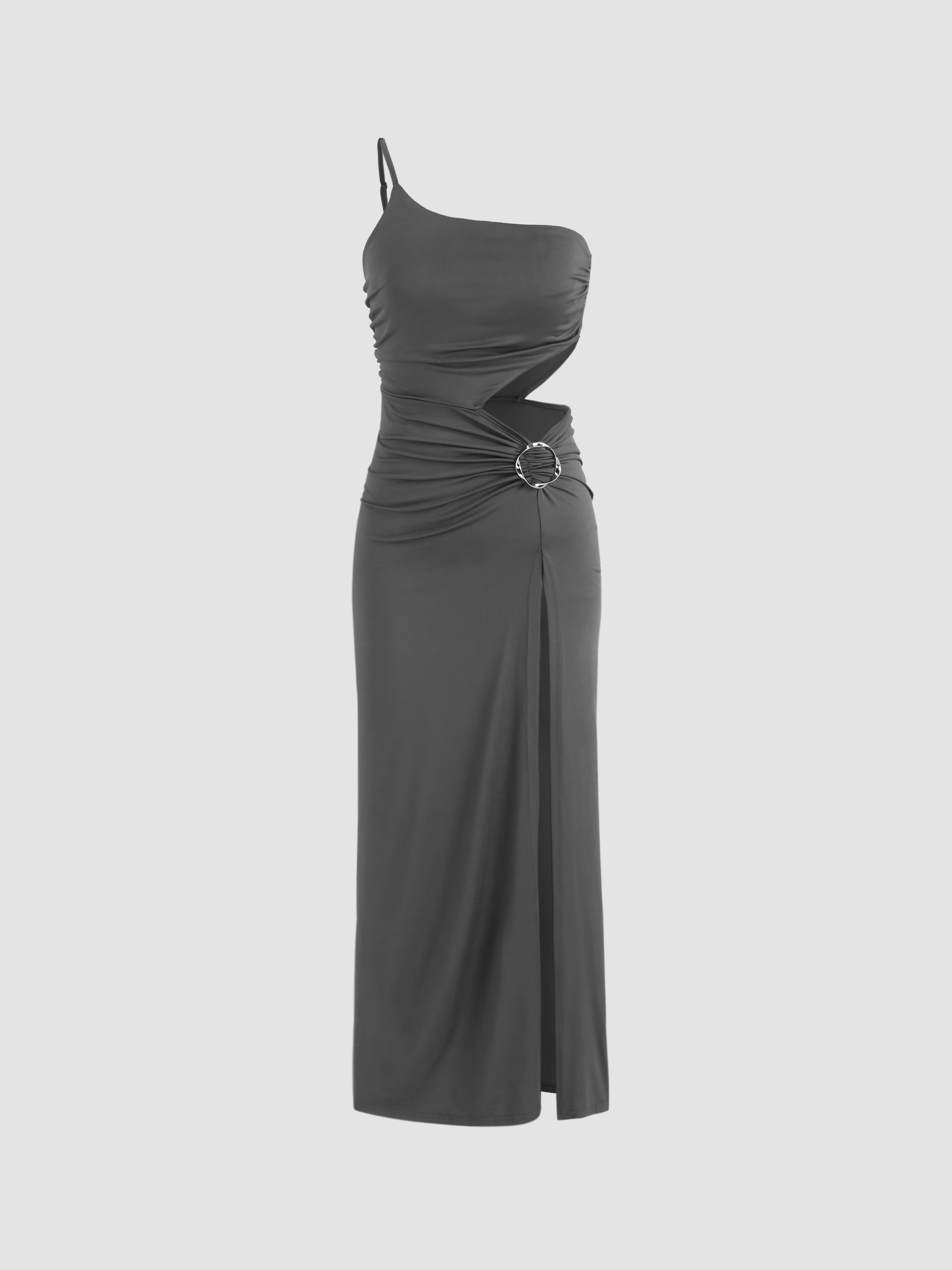 Asymmetrical Neck Ruched Cut Out Split Maxi Dress Cider