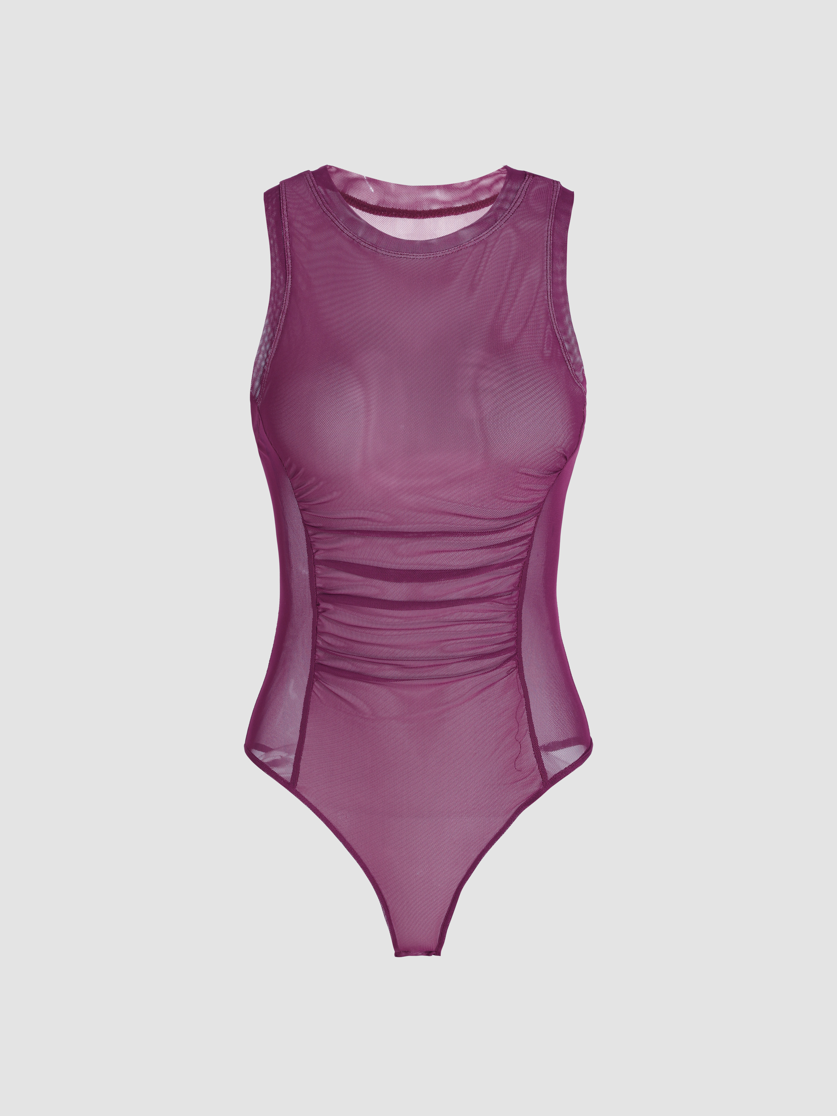 Mesh Ruched Round Neckline Bodysuit Cider