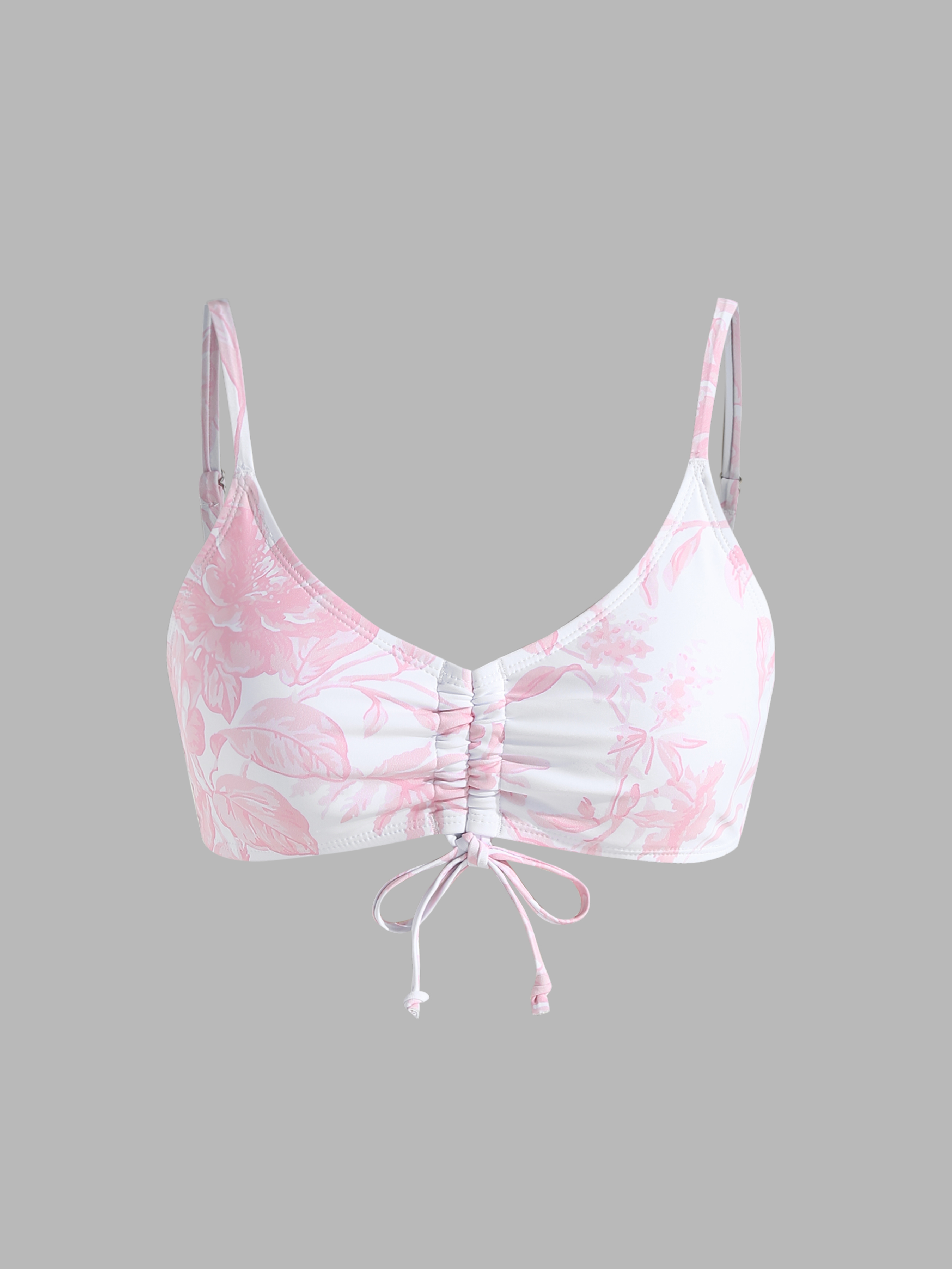 V Neck Floral Drawstring Bikini Top Cider