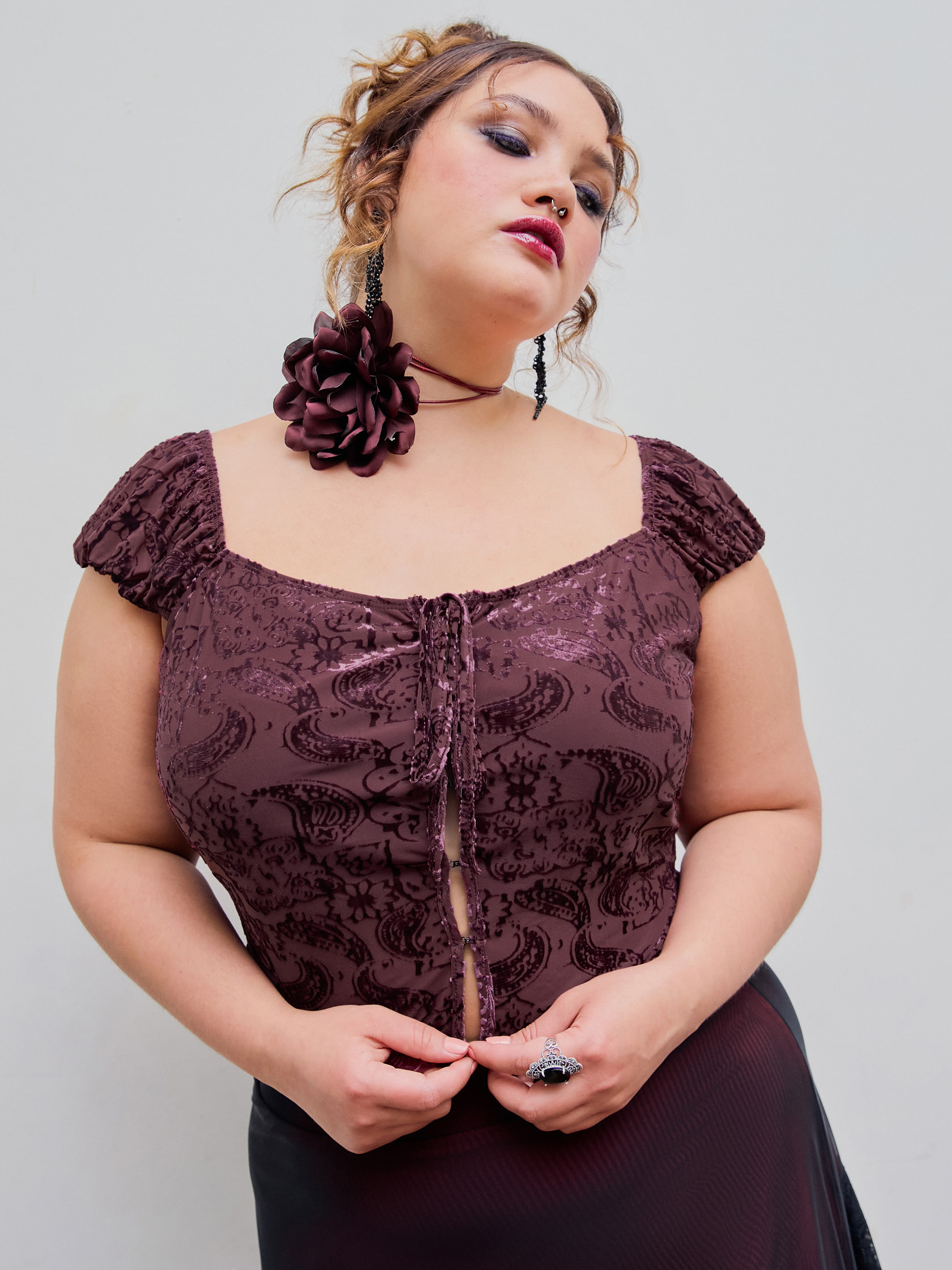 Graphic Short Sleeve Corset Crop Top Curve Plus Cider