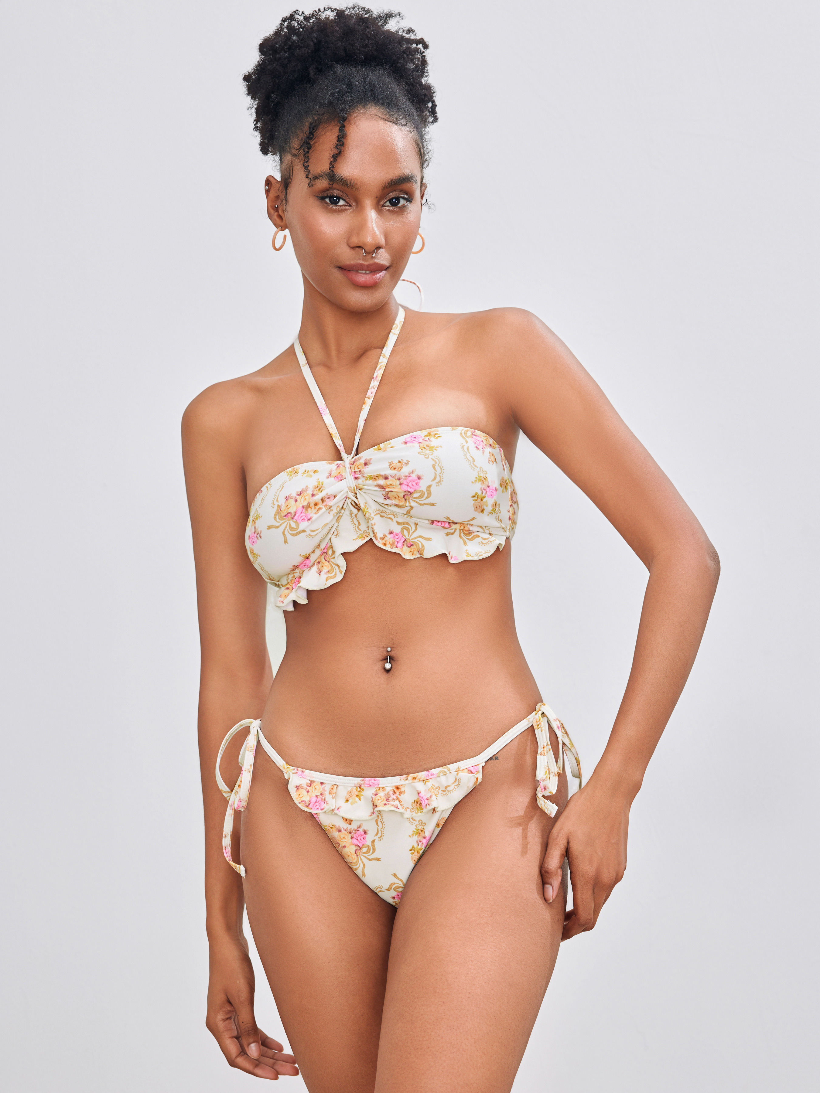 Halter Floral Lettuce Trim Tie Side Bikini Swimsuit For Vacation