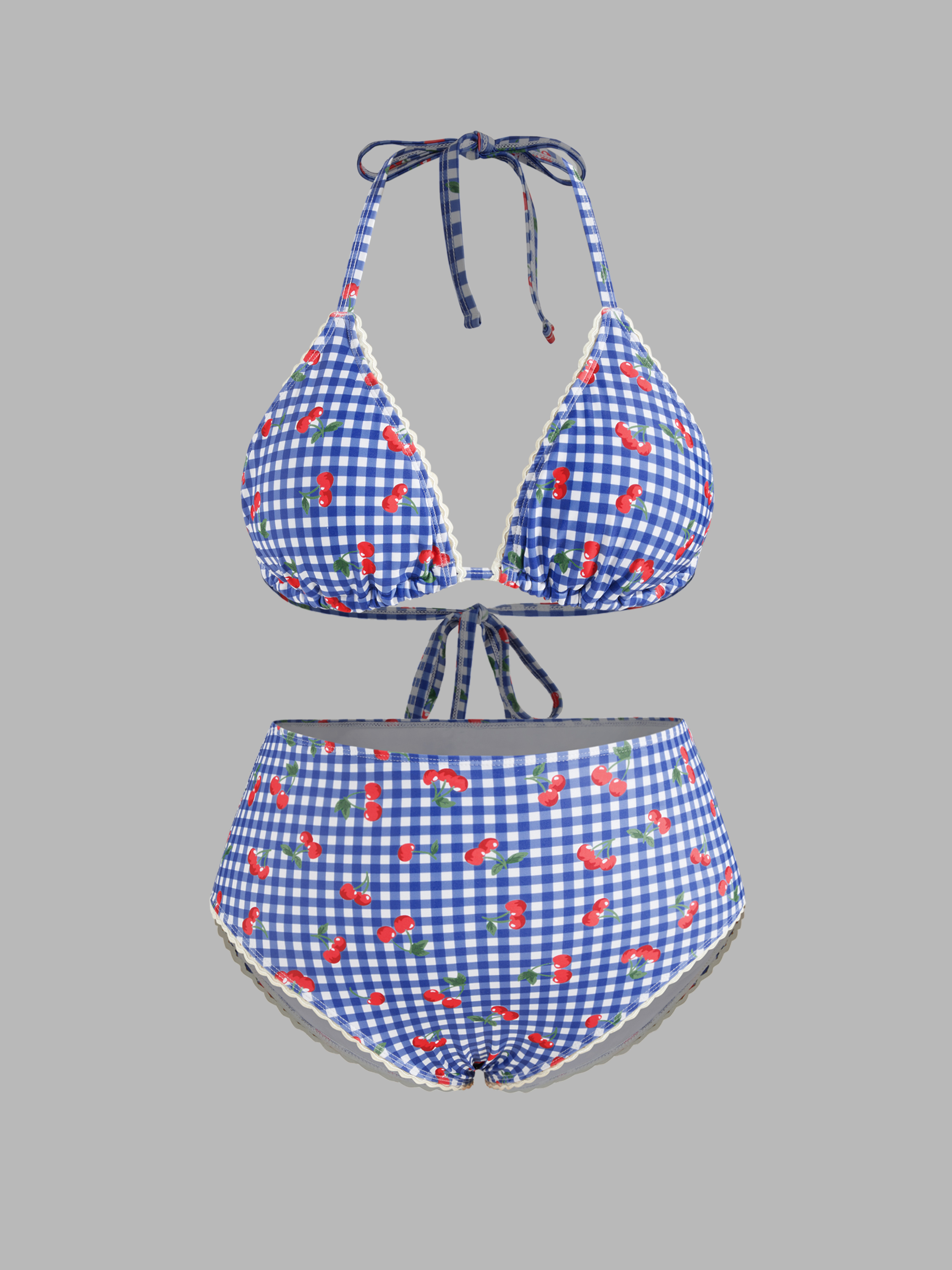 Knit Fabric V Neck Gingham Cherry Graphic Contrasting Binding Halter Cheeky Bikini Swimsuit