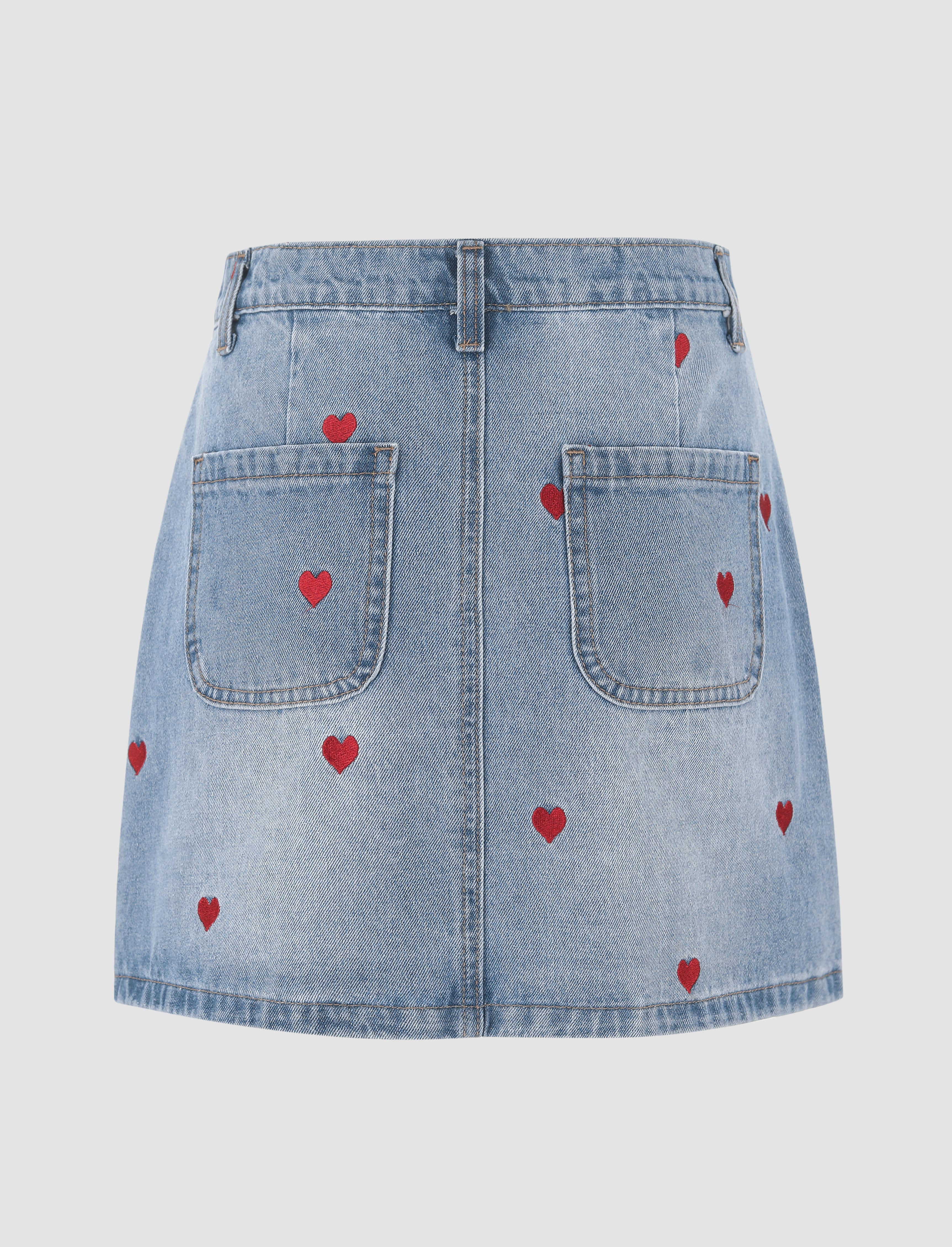 Heart Pattern Denim Skirt - Cider