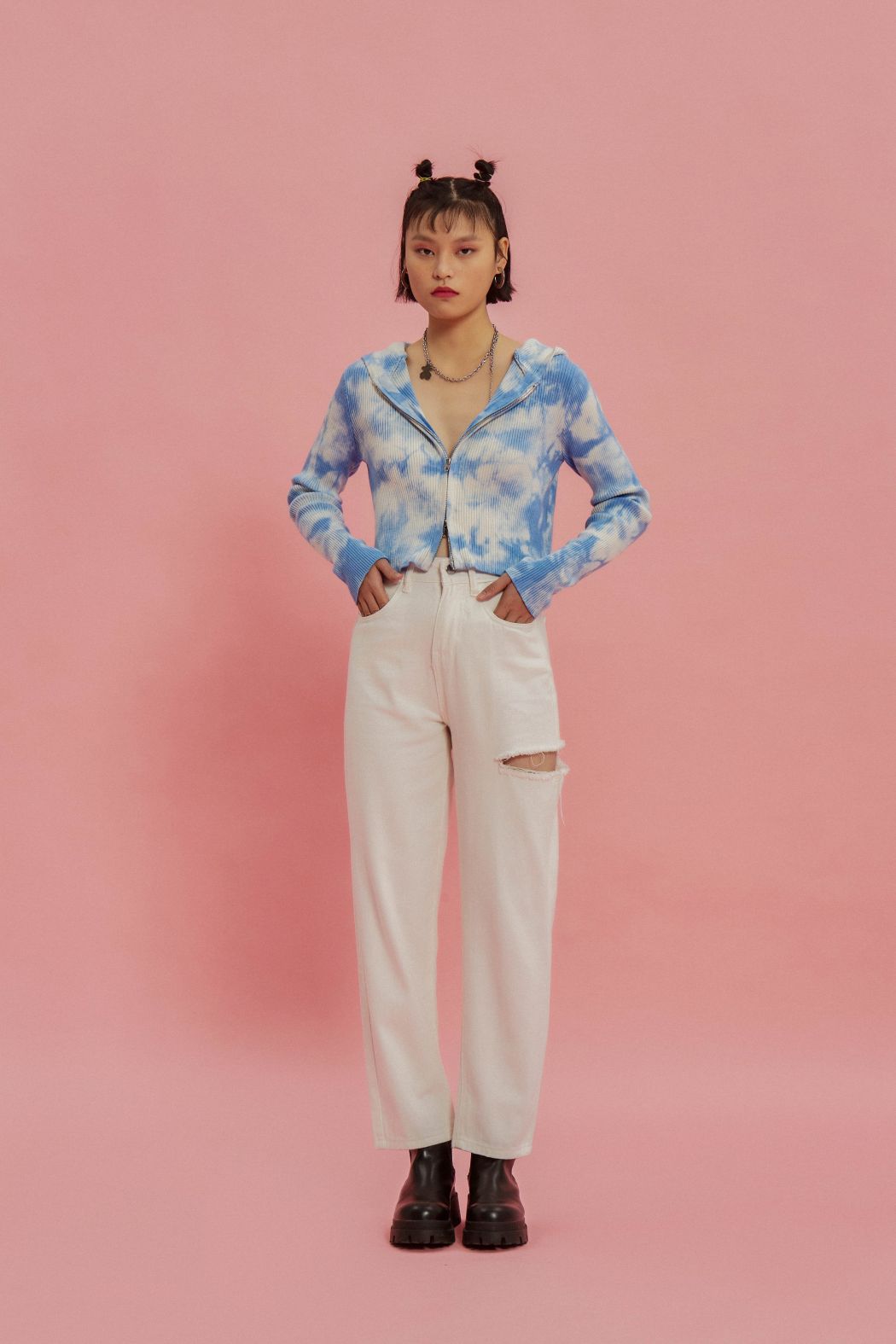 Weiße Highwaist Straightleg Rip Jeans