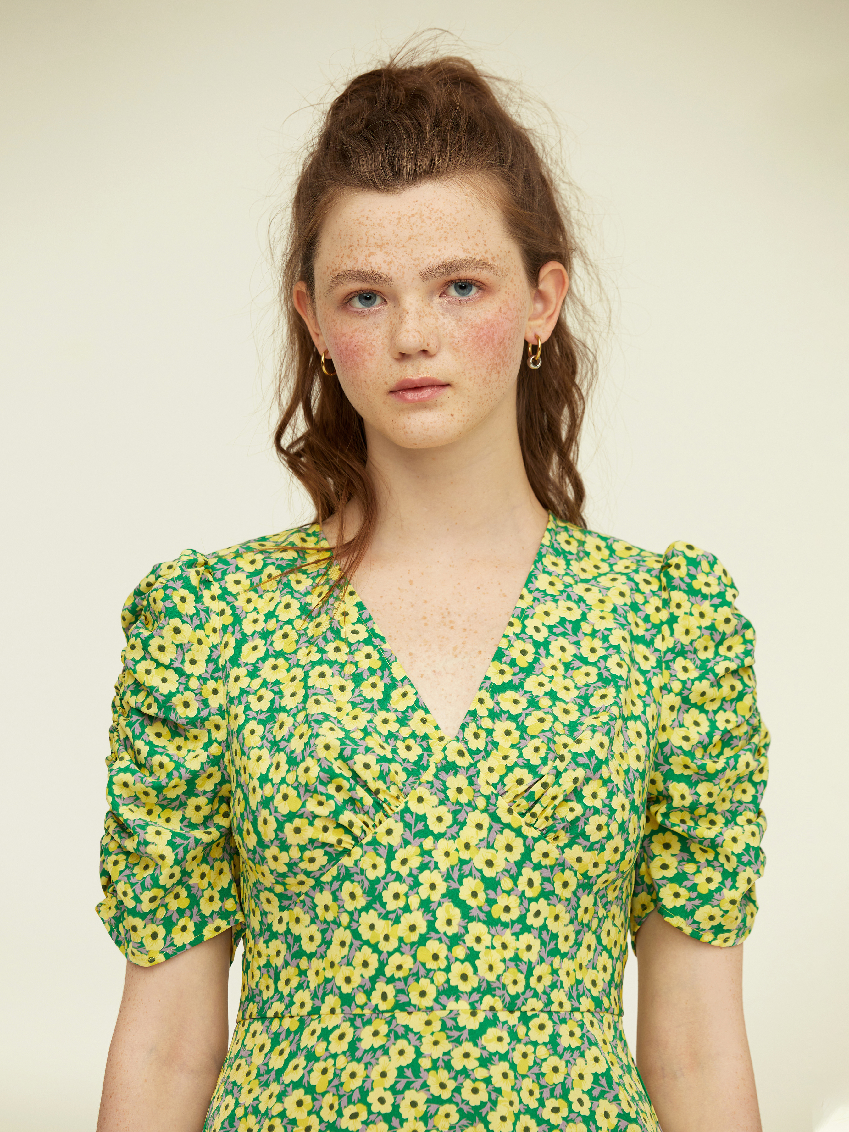Green V-neck Sunflower Mini Dress - Cider