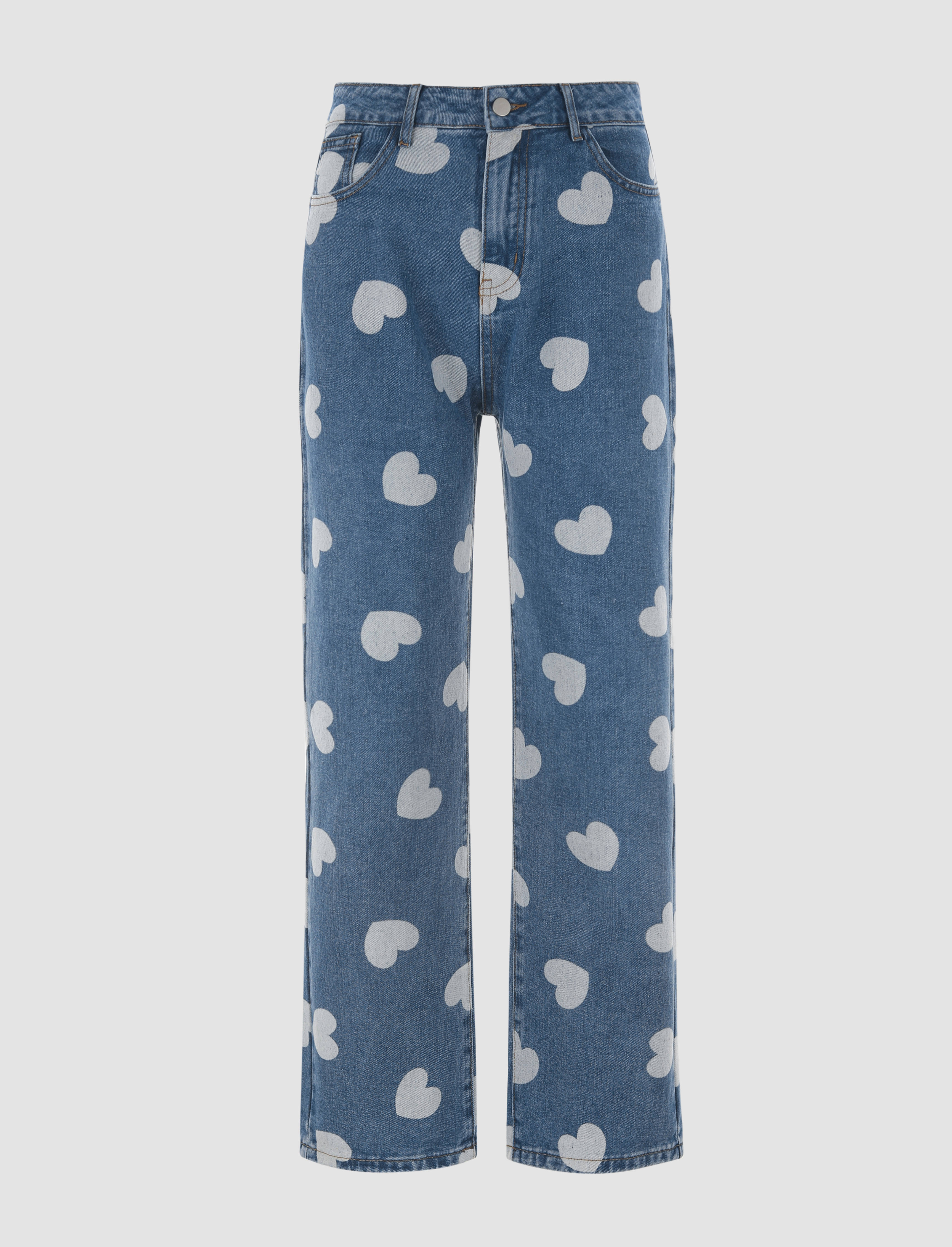 Heart Printed Straight Jeans Cider