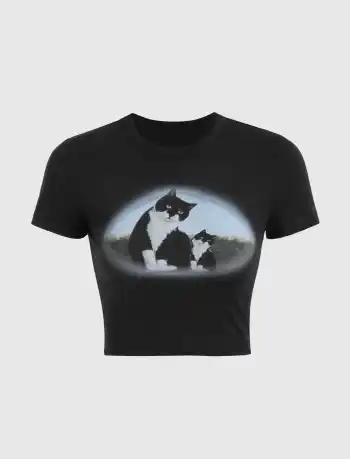 Cat Print Crop Shirt
