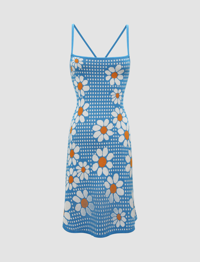 Blue Flower Pattern Knitted Cami Dress