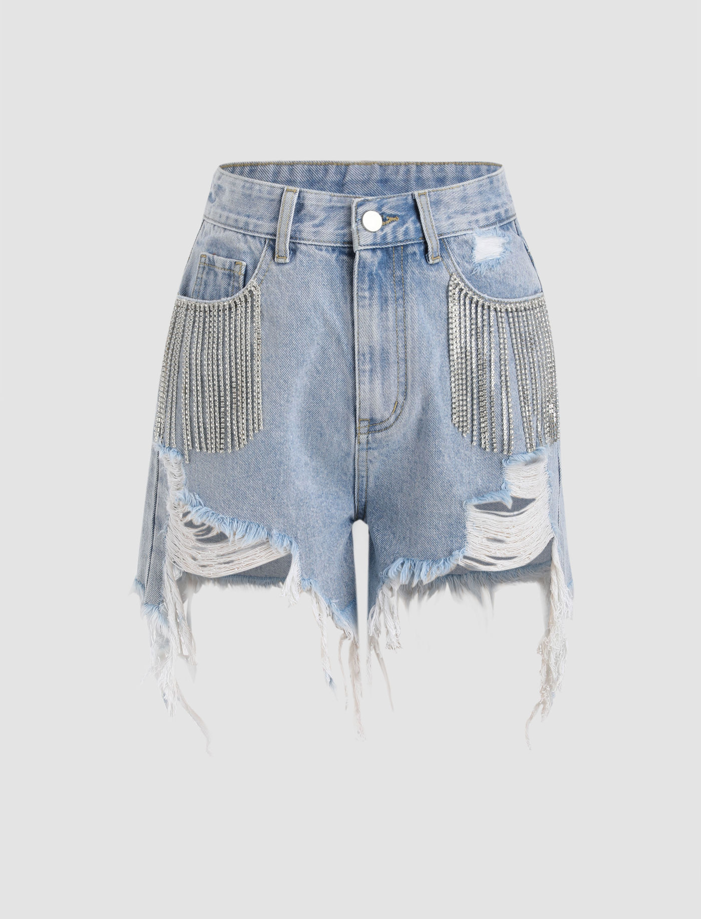Shorts en jean déchirés à franges diamant
