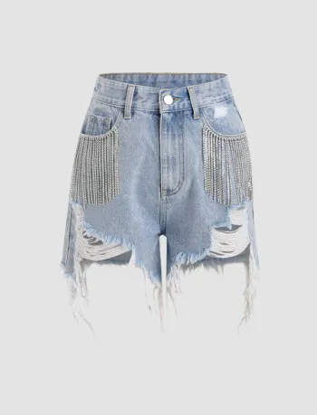 Diamant Quasten Zerrissene Denim Shorts