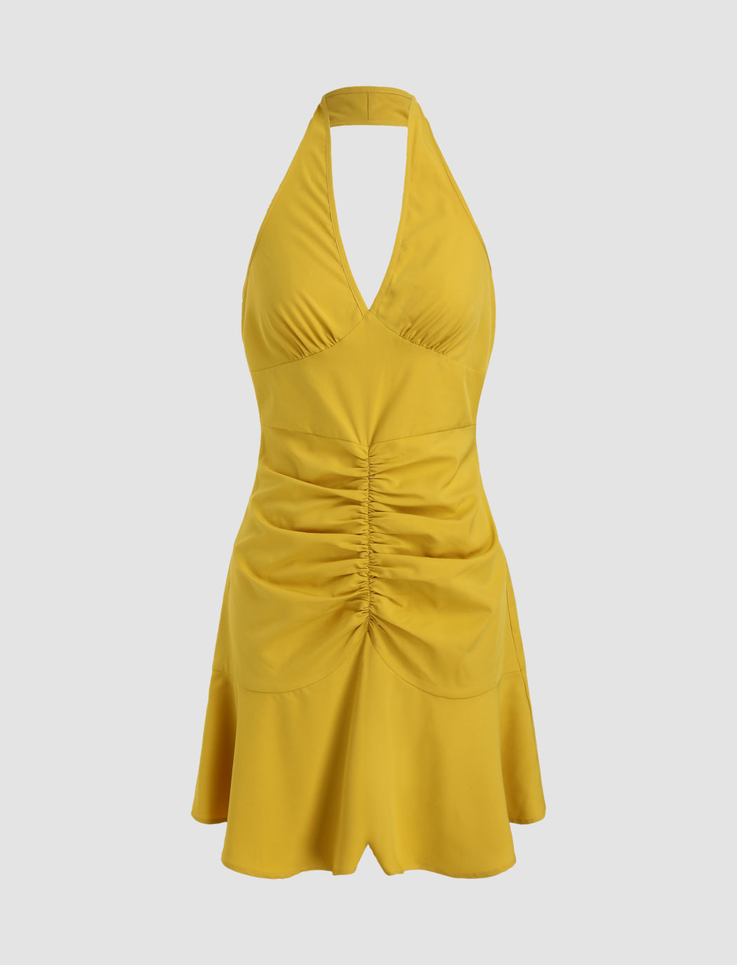 Yellow Ruched Halter Dress 