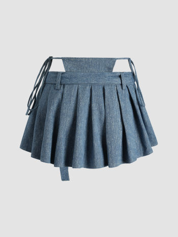 Cut Out Denim Pleated Skirt