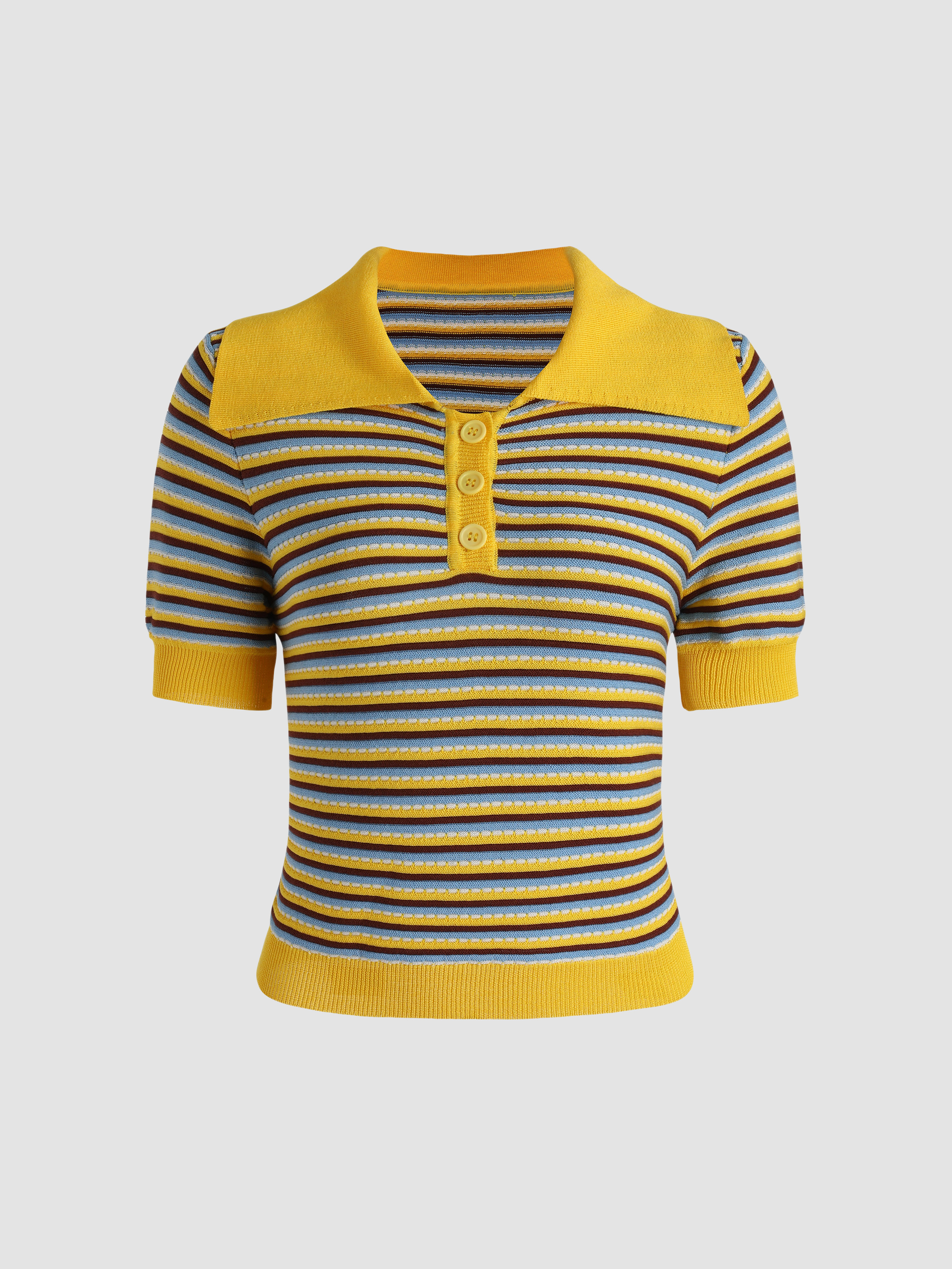 Pastel Yellow Striped Collared Knit Crop Top Cider