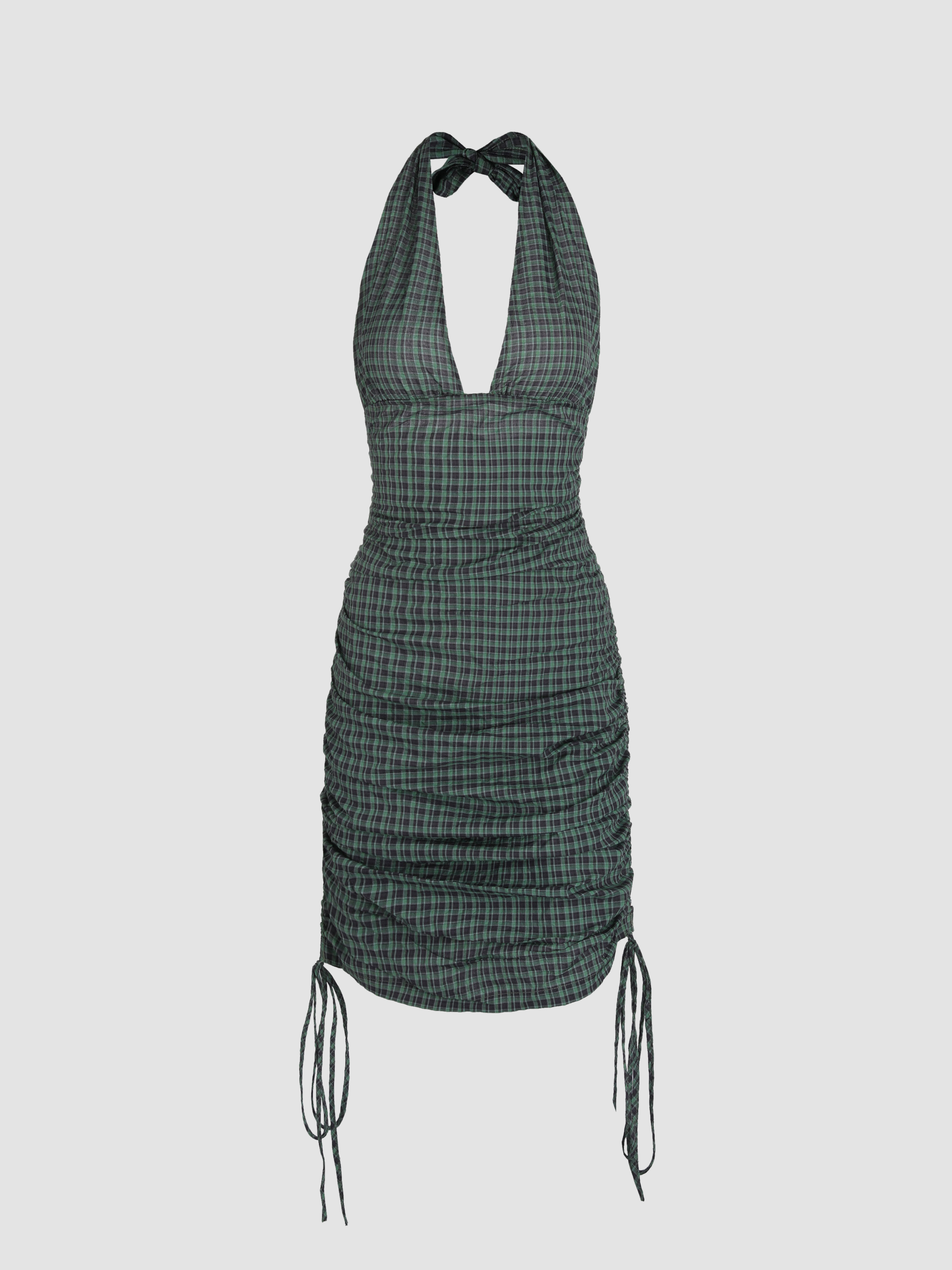 Check Pattern Ruched Halter Dress Cider