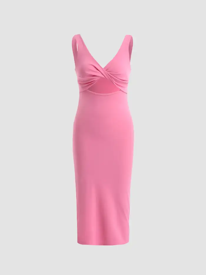 bubblegum pink midi dress Short Sleeve Cotton Blend Scoop Neck, Just A Moment Scoop Neck Midi Dress in Pink, Size 2XS, For Office