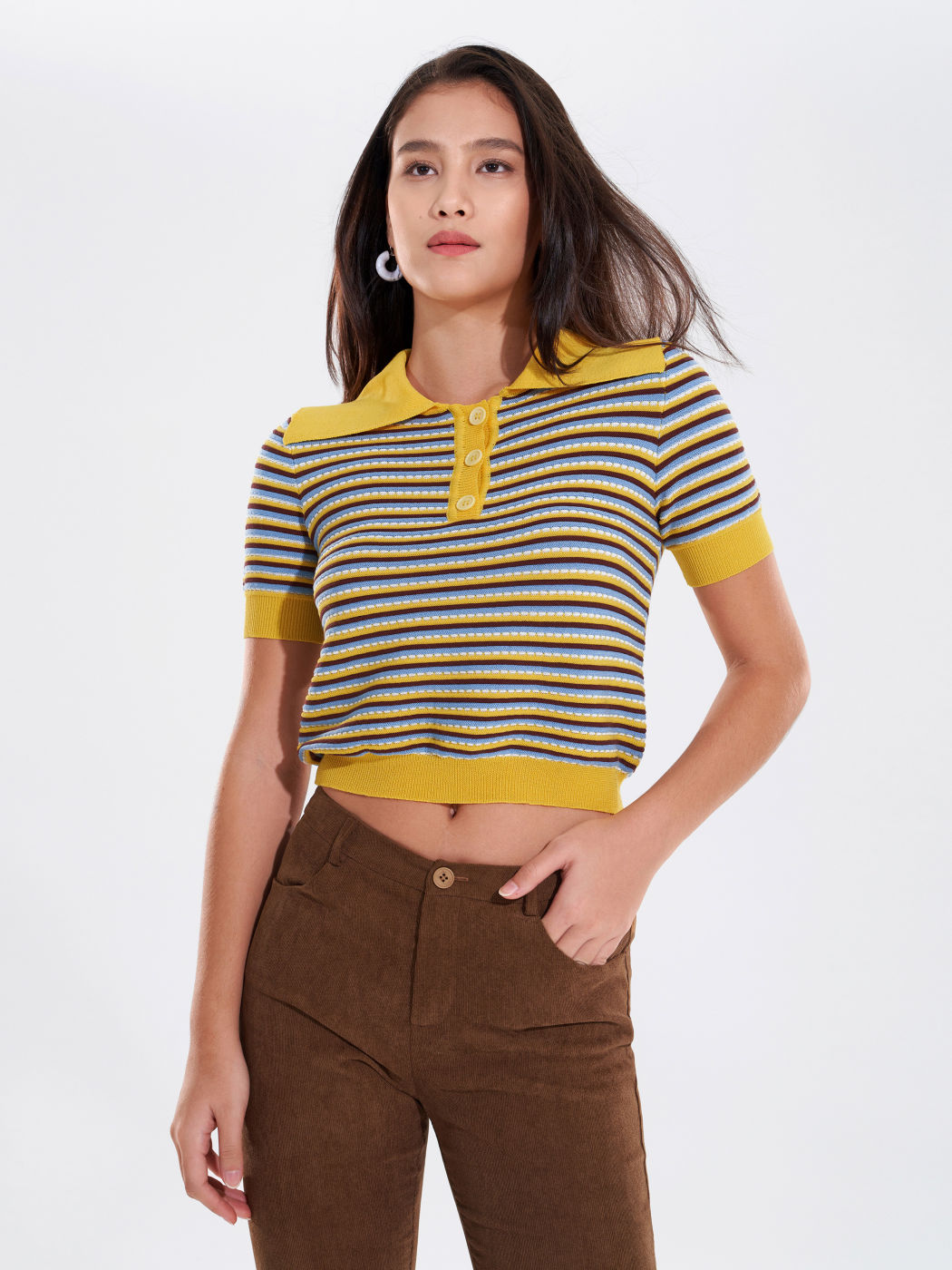 Pastel Yellow Stripe Collared Knit Crop Top