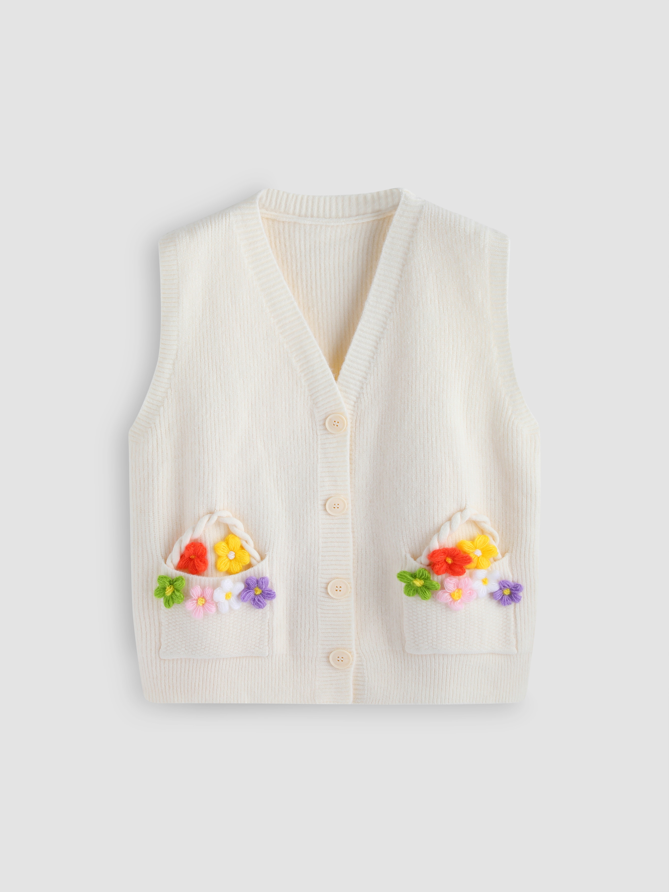 Dimensional Flower Button Up Knitted Vest