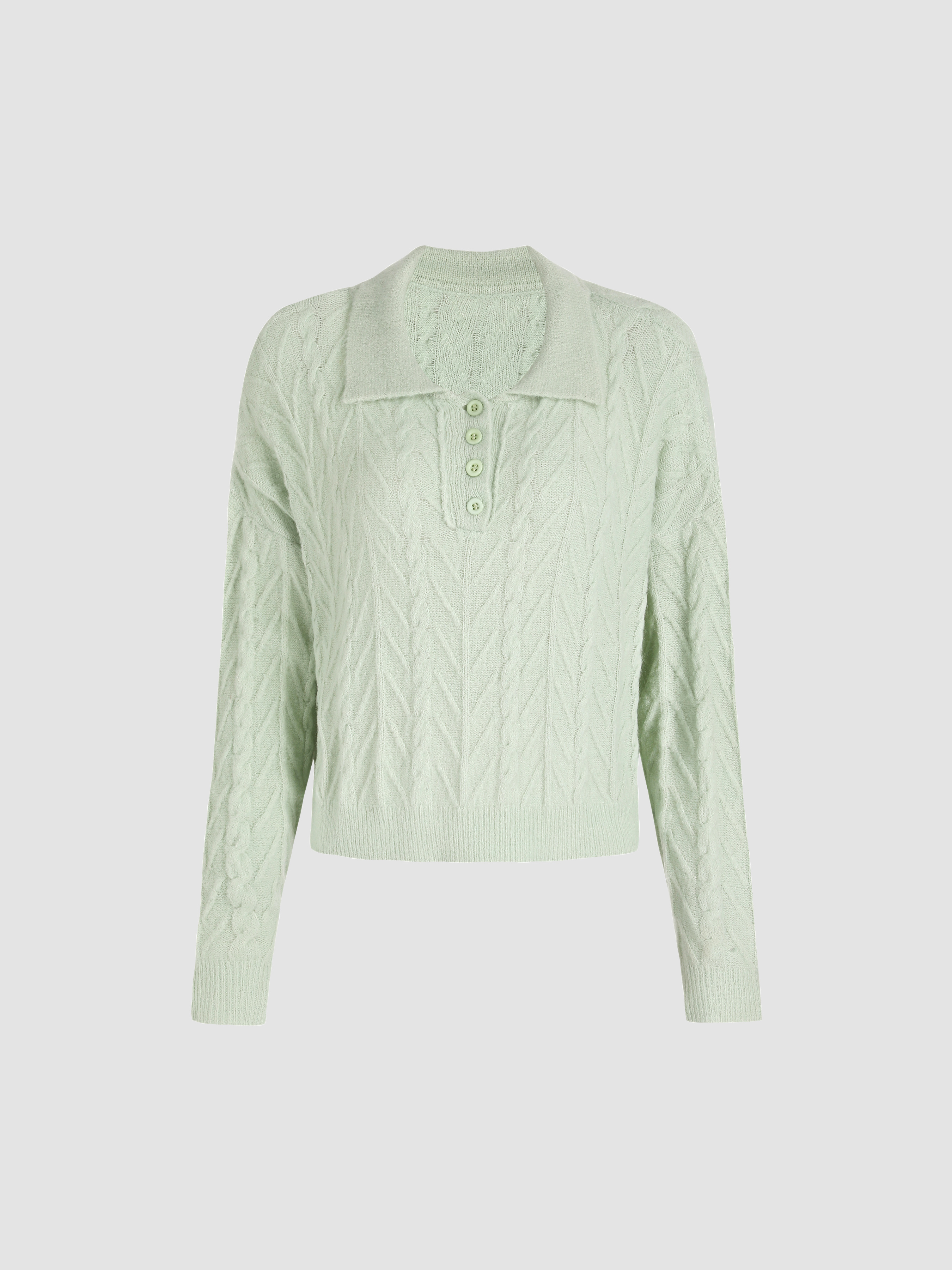 Green Lapel Cable Knit Long Sleeve - Cider