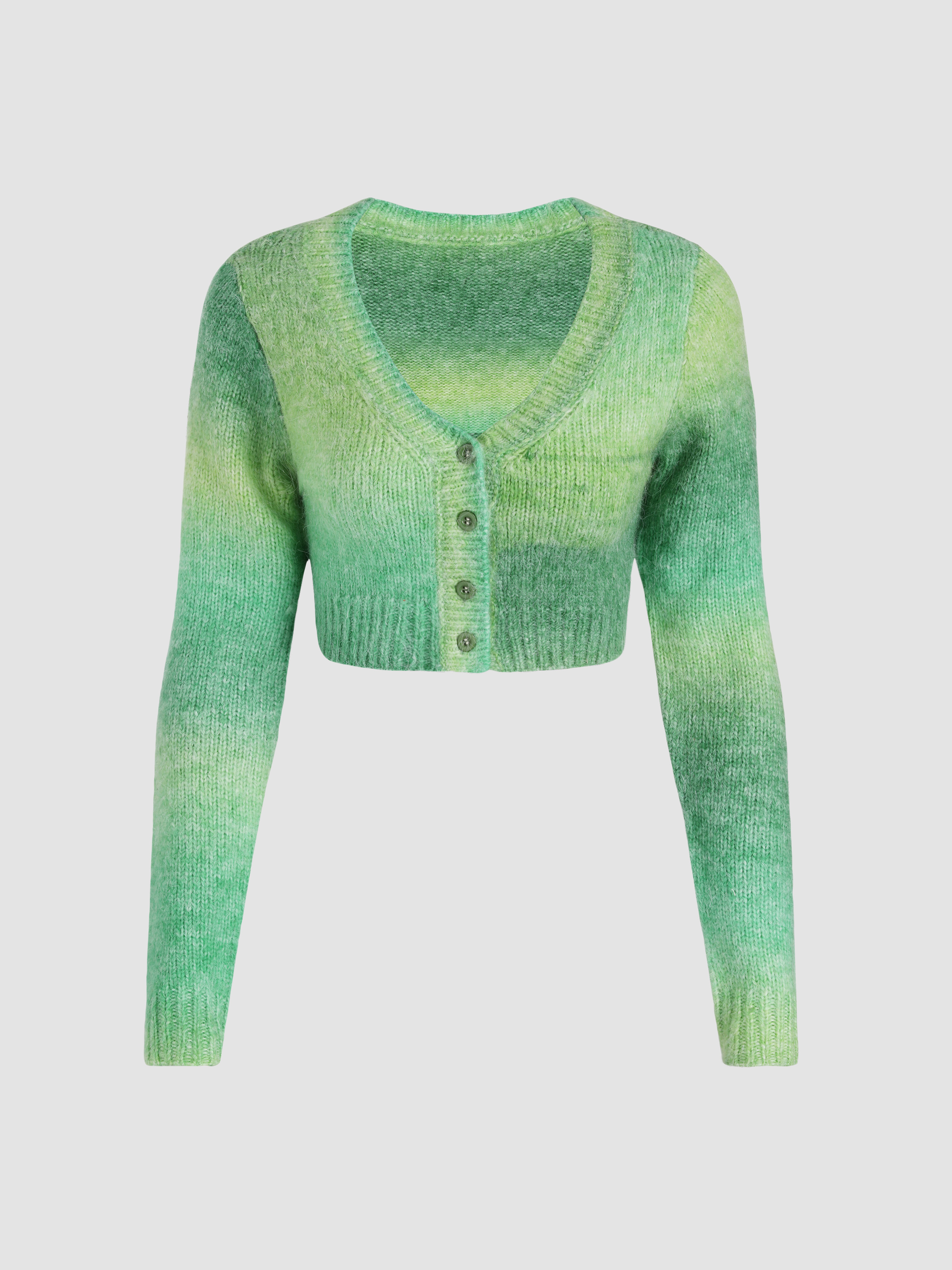 Woolblend Gradient Green Button Up Knitted Cardigan Cider