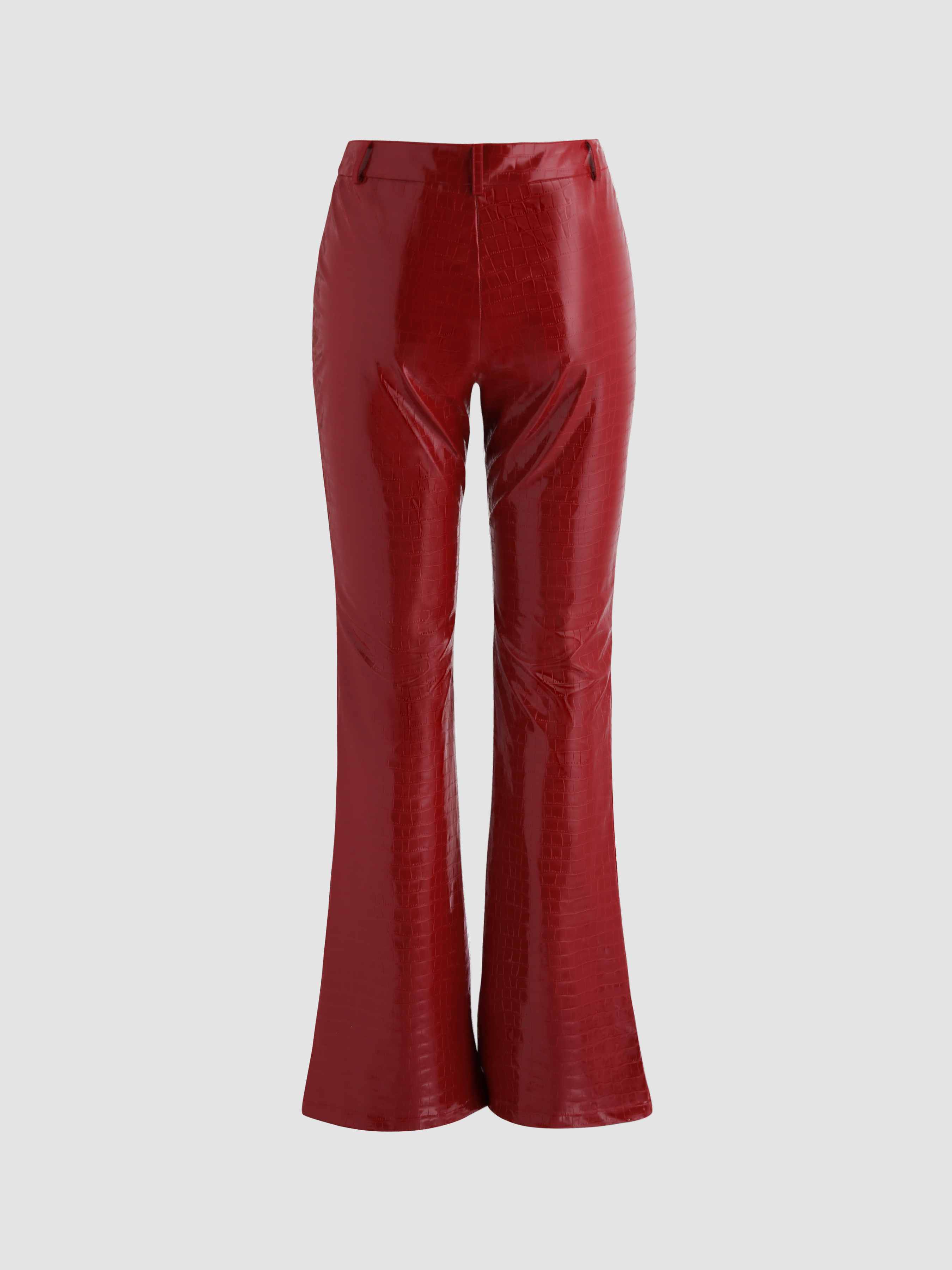 Red Faux Leather Croc V Front Flared Pants