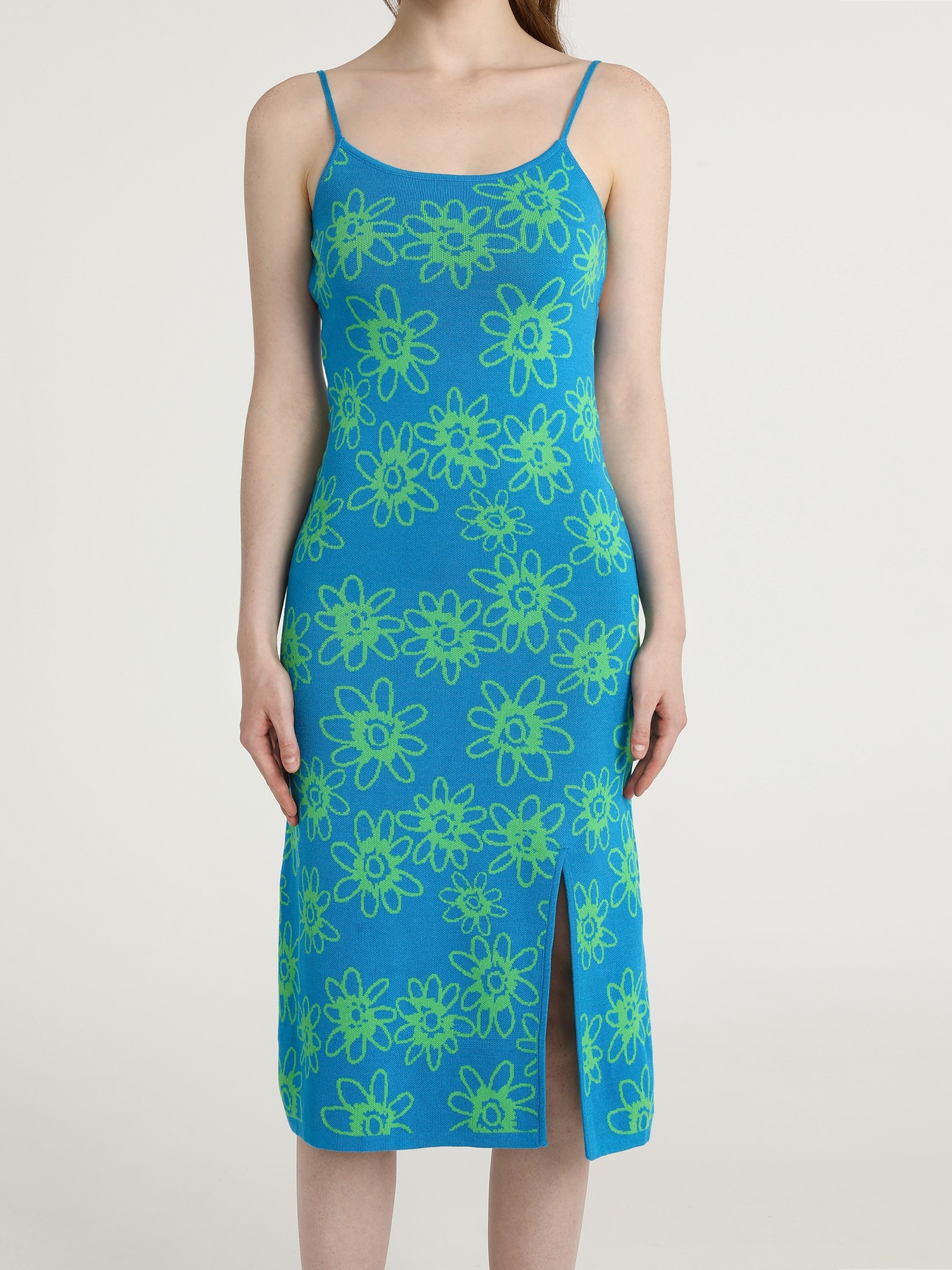 Knit Blue Sunflower Pattern Midi Dress Cider