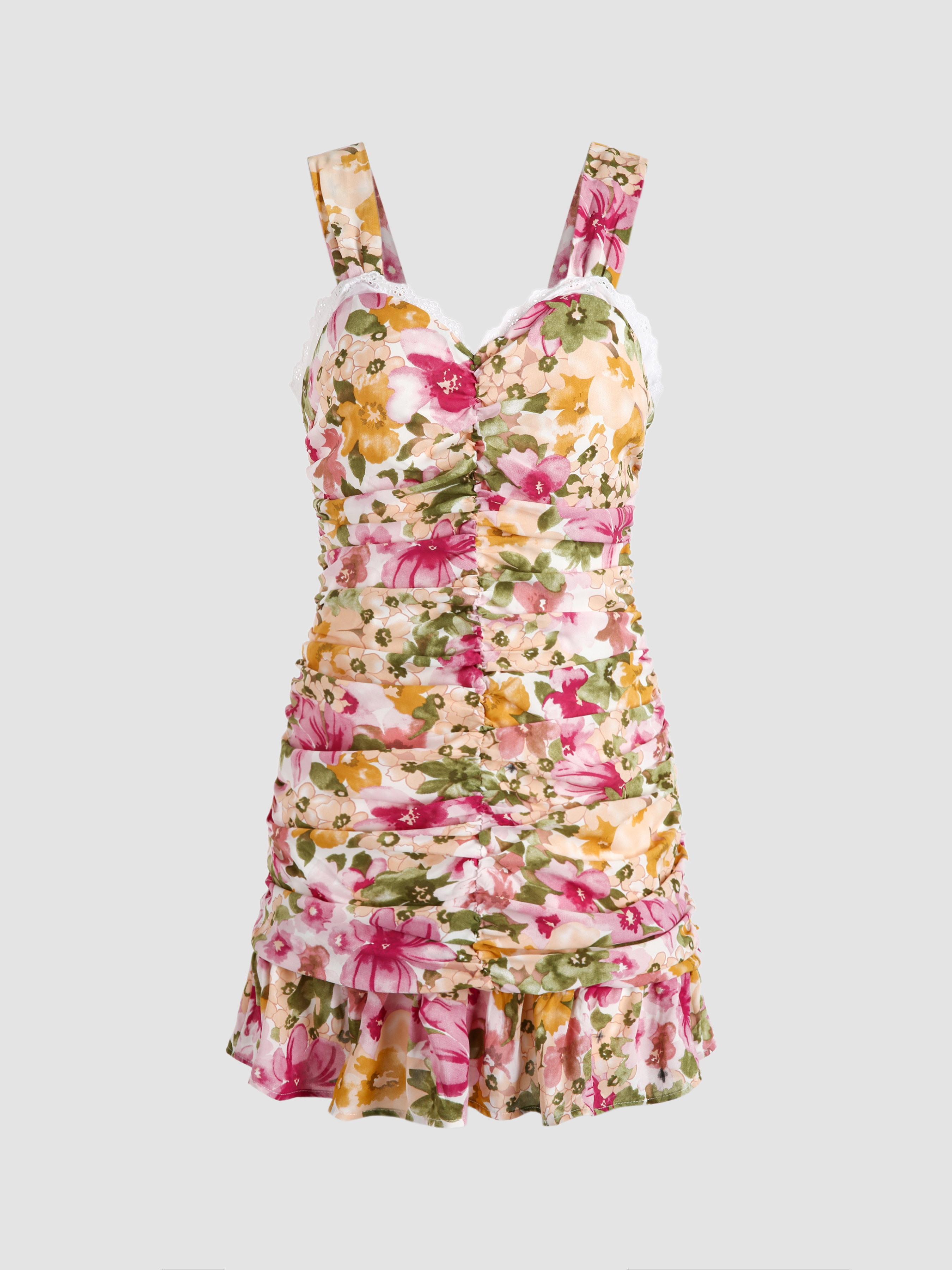 Lace Trimmed Floral DressサイズM Lace Trim Floral Print Mini Dress