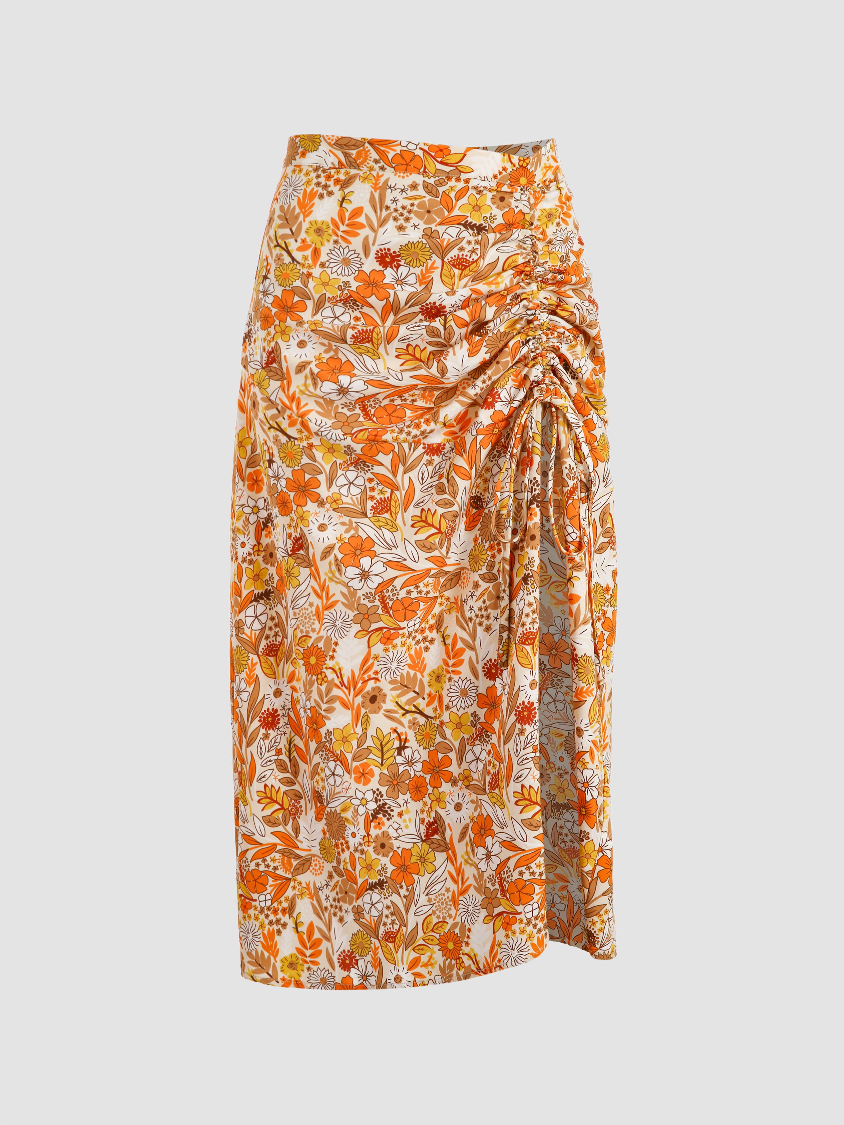 Autumn Floral Slit Midi Skirt - Cider