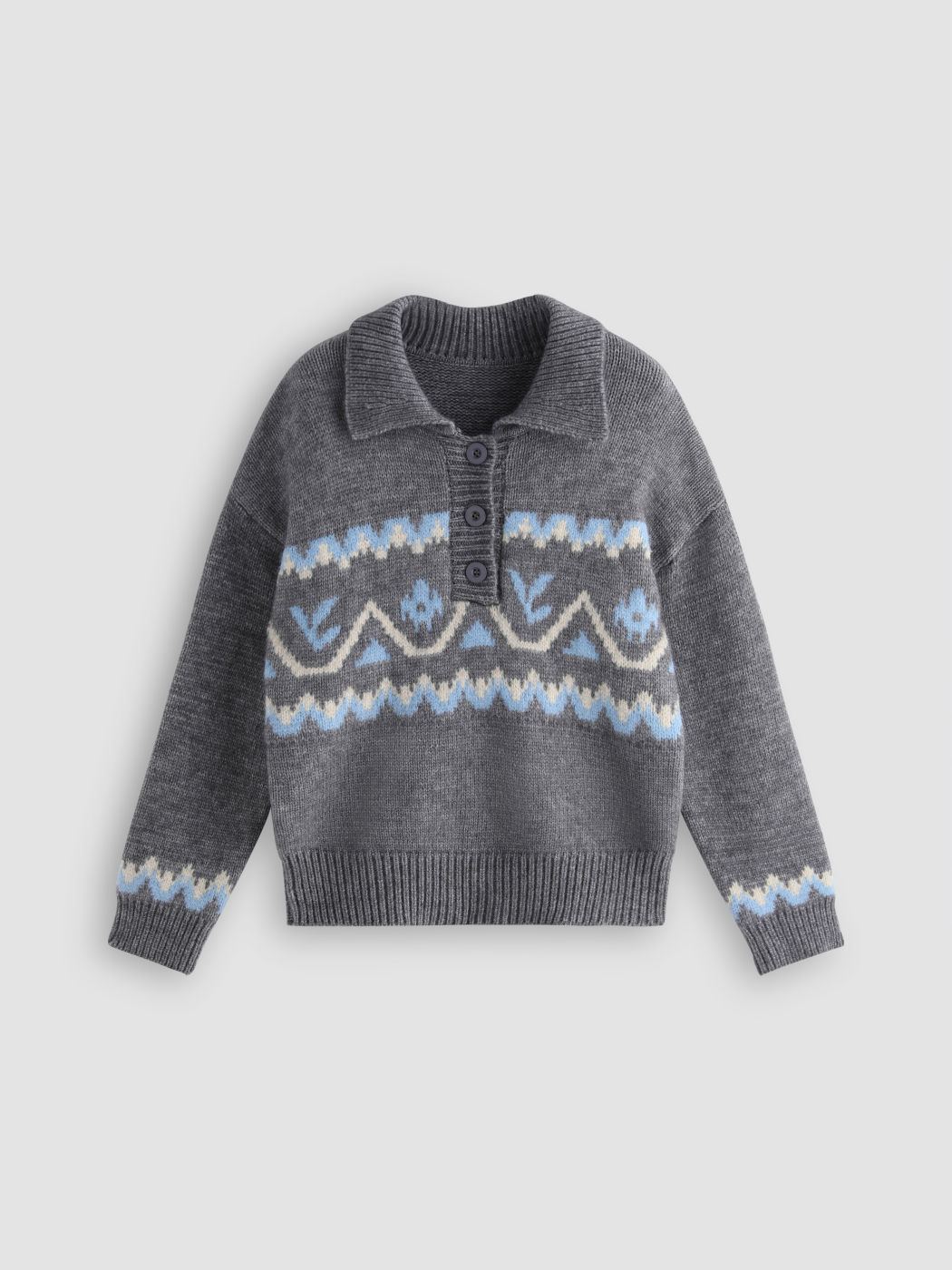 Grauer Pullover mit Kragenstreifen