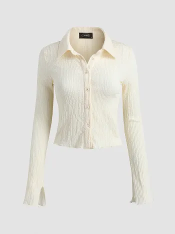 Texturiertes einfarbiges Crop-Shirt mit Glockensleeves