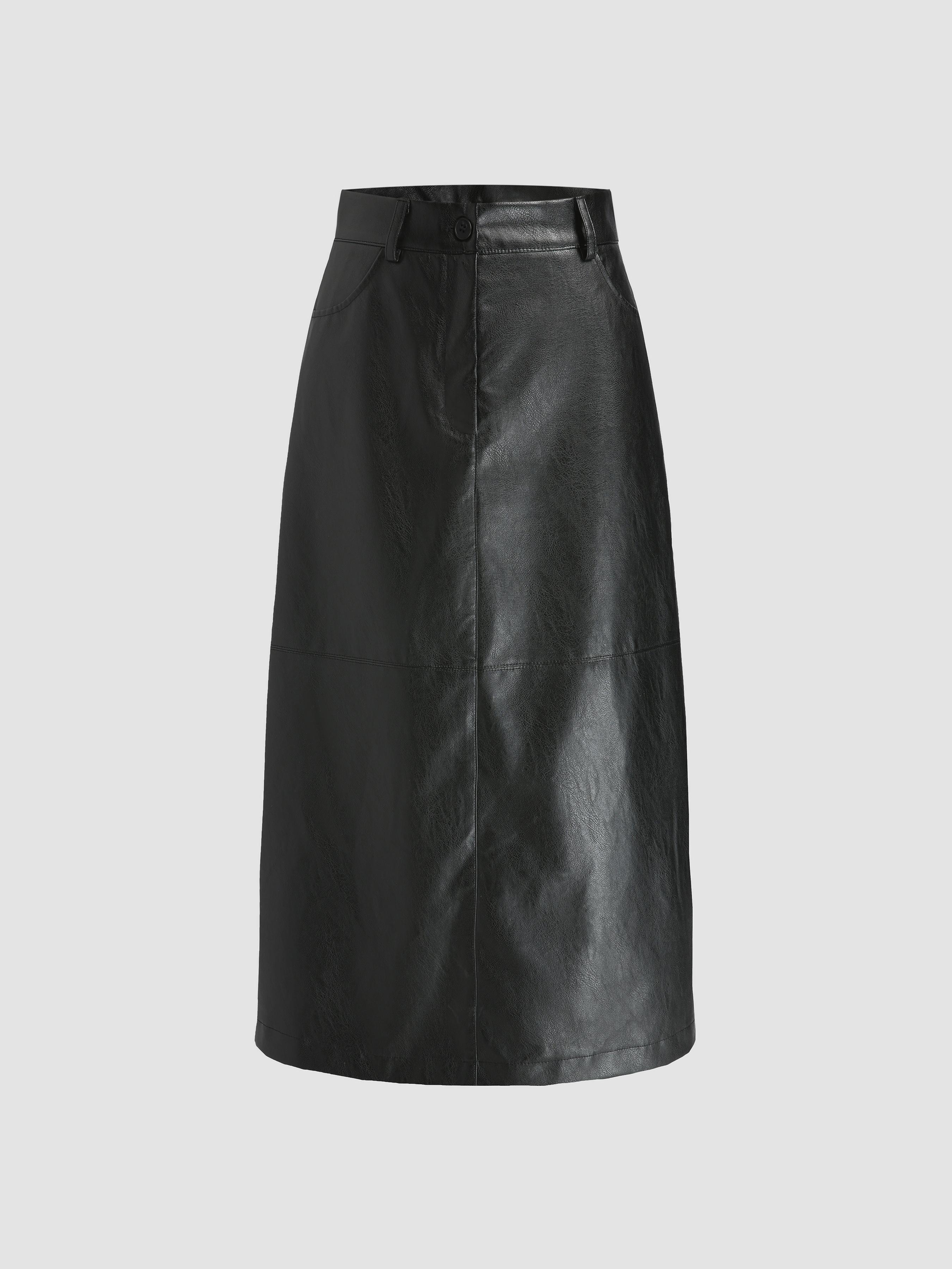 Cider◆ベルト付き フェイクレザー ミディスカート【送料込み】 Faux Leather Black Midi Skirt