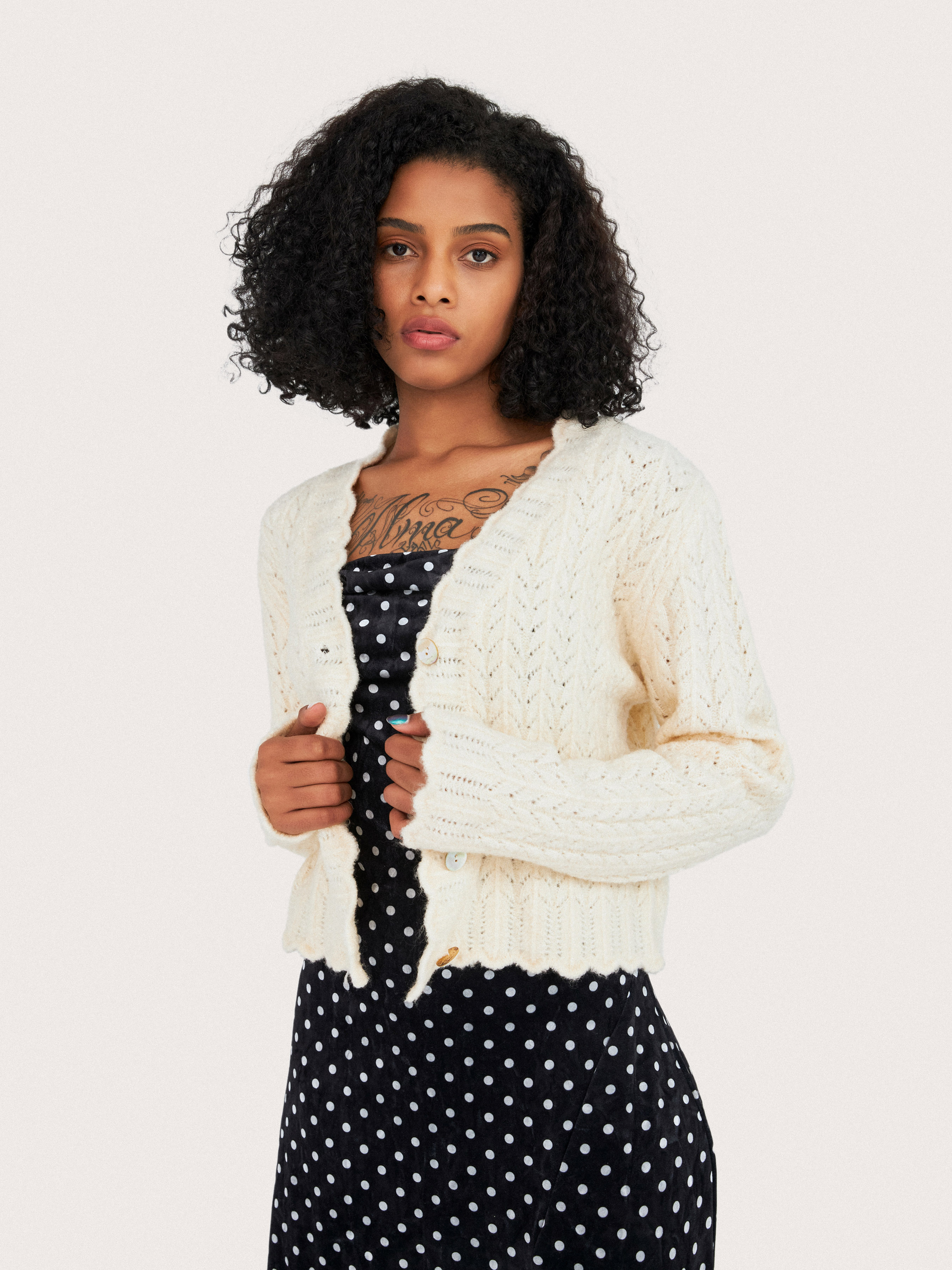 Ivory Fuzzy Wave Trim Cardigan - Cider