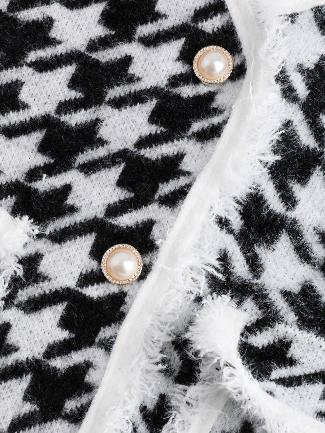 Fringe Trim Houndstooth Knit Vest Cider