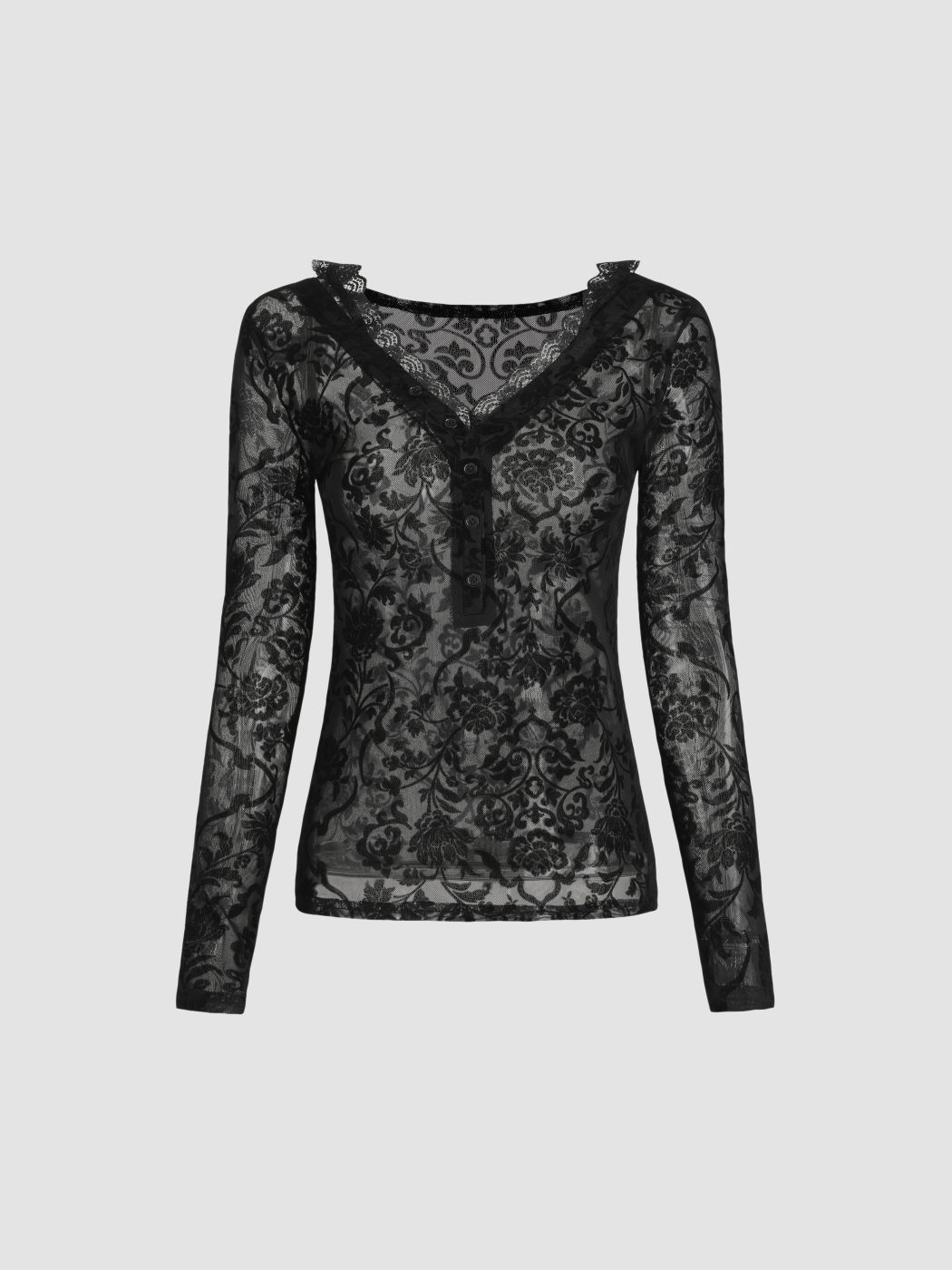 Mesh-Top mit Knöpfen und Blumenbesatz