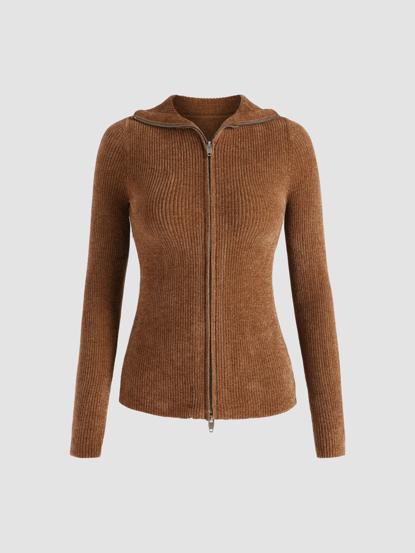 Brown Knit Zip Up Cardigan