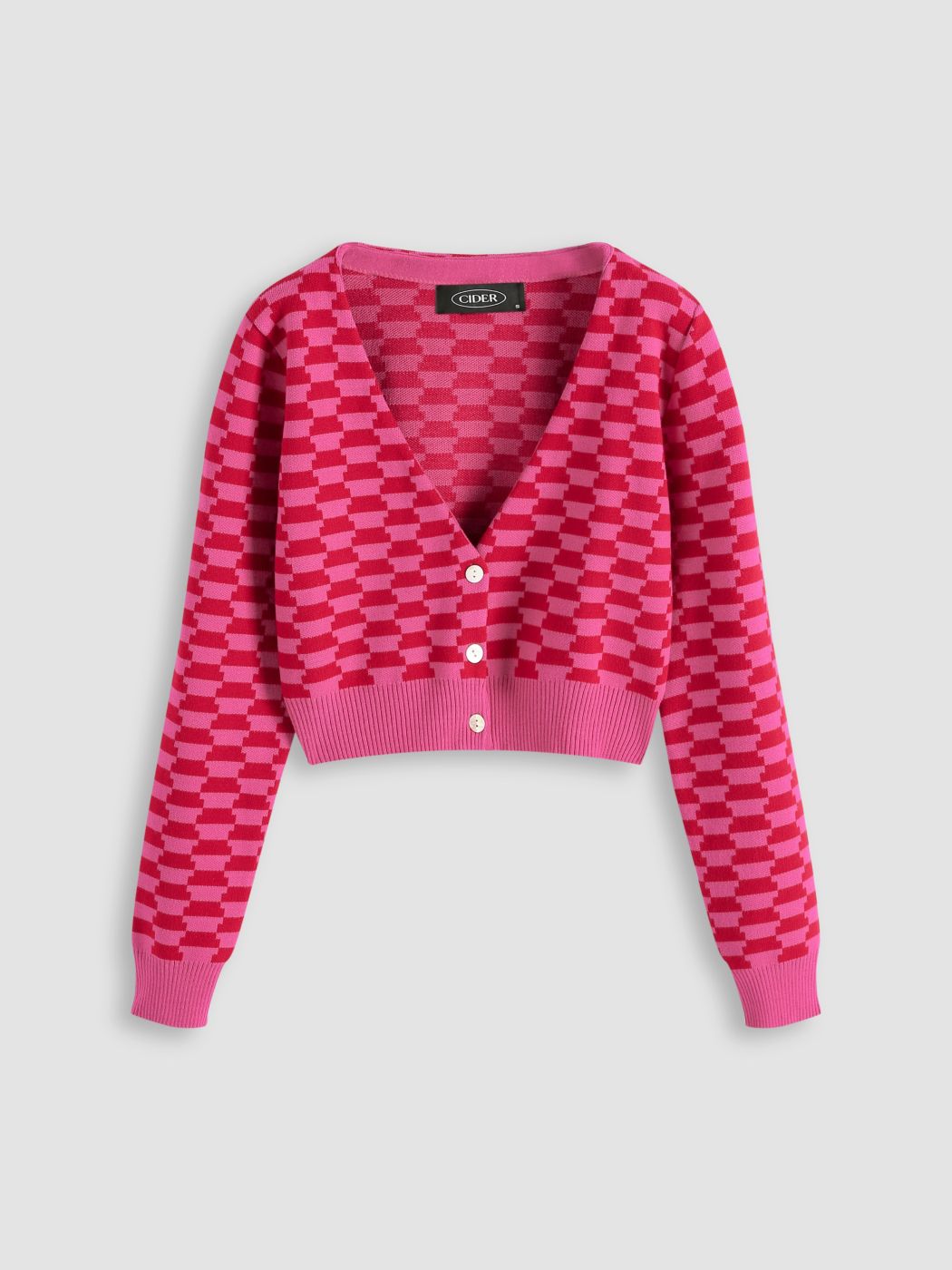 Pink Check Pattern Cropped Cardigan
