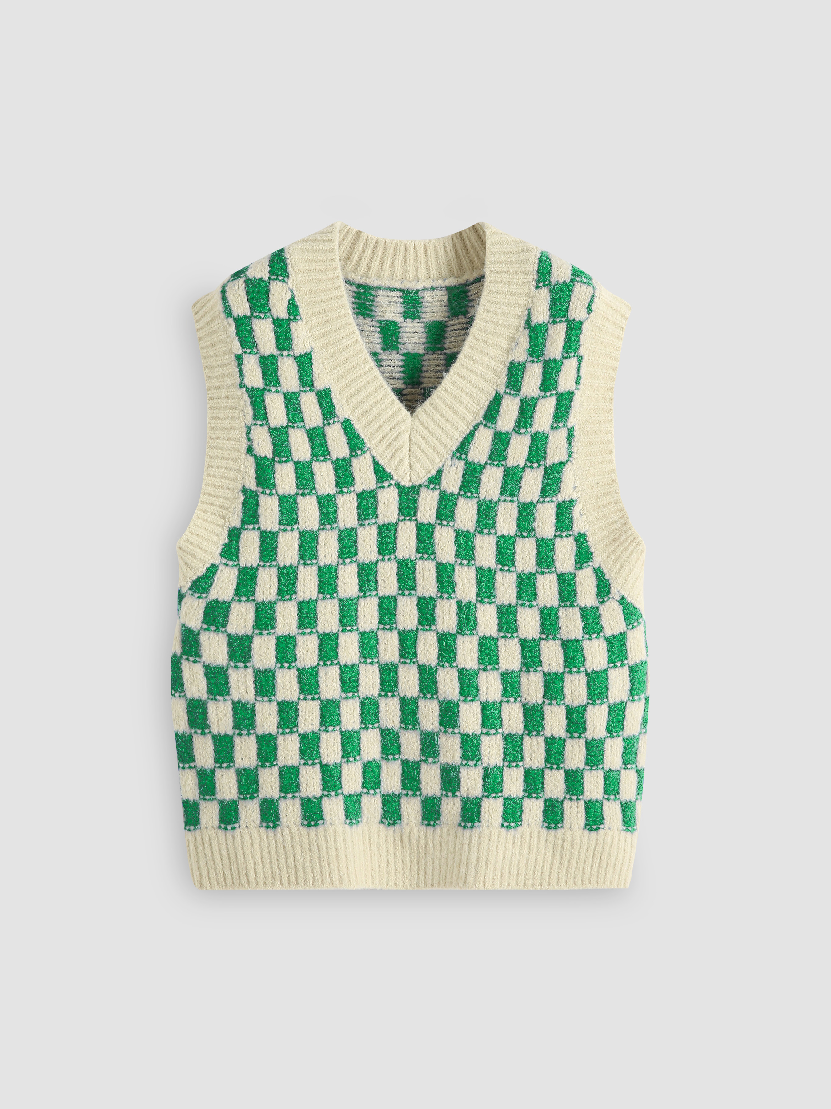 Green Check Pattern Knit Vest - Cider