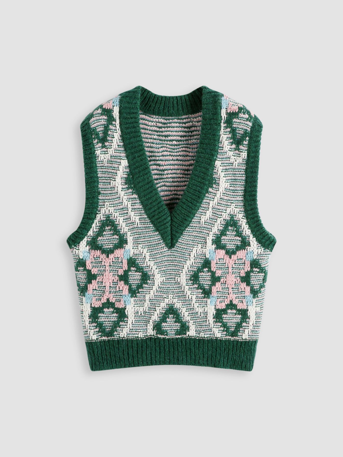 Green Argyle Print Knit Vest