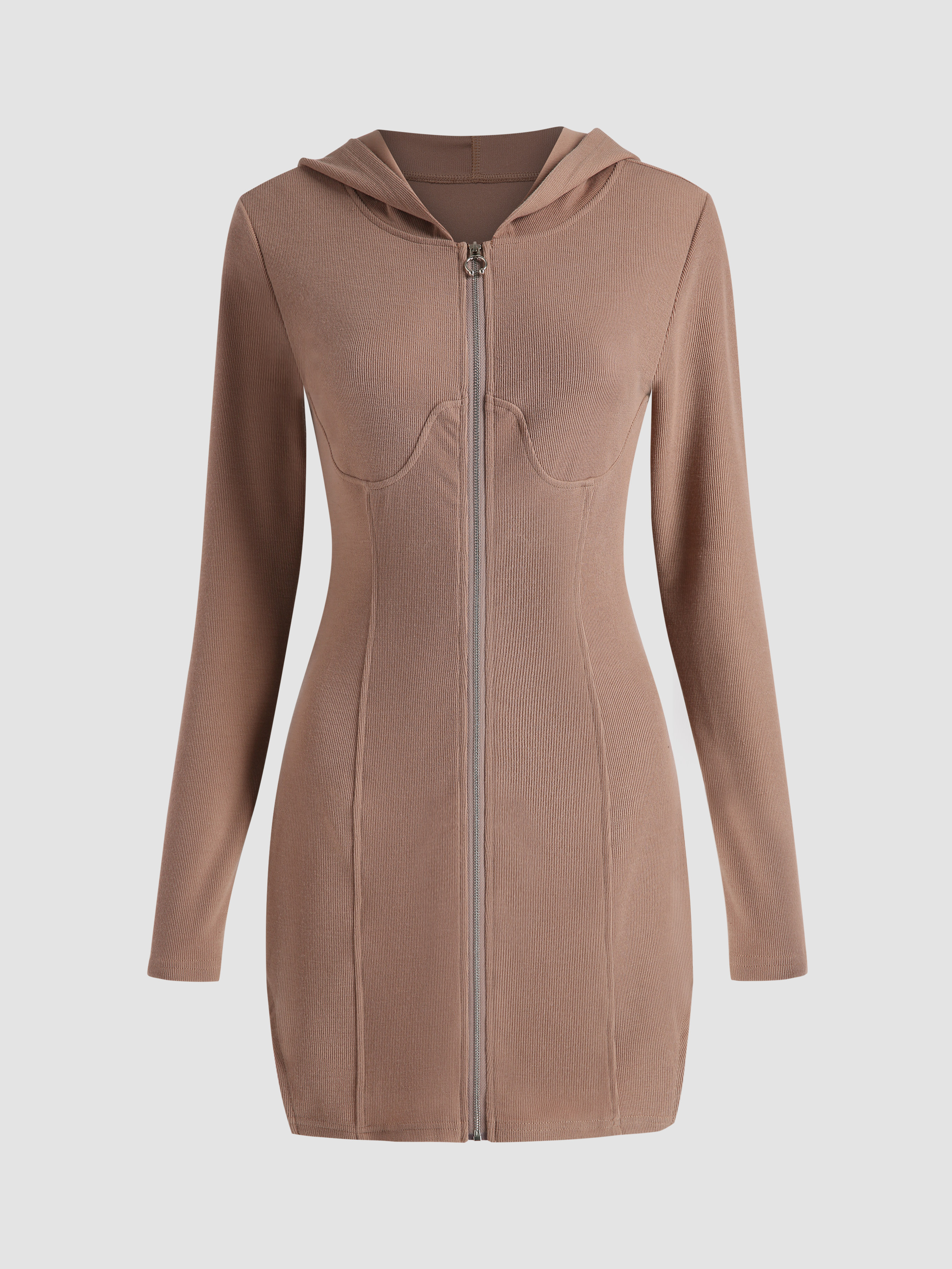 Solid Zip Up Hooded Dress Cider