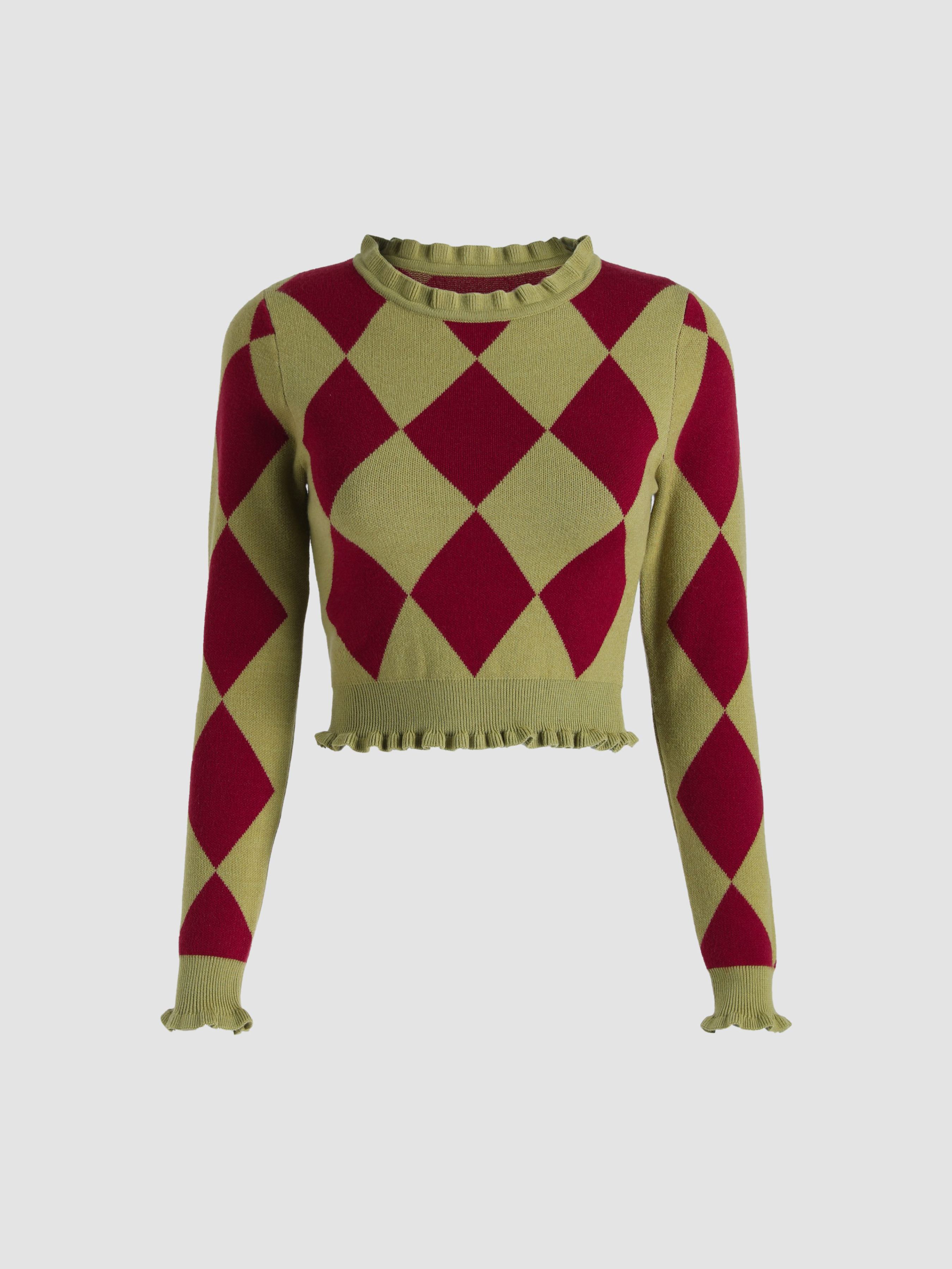 Green Argyle Print Cropped Sweater