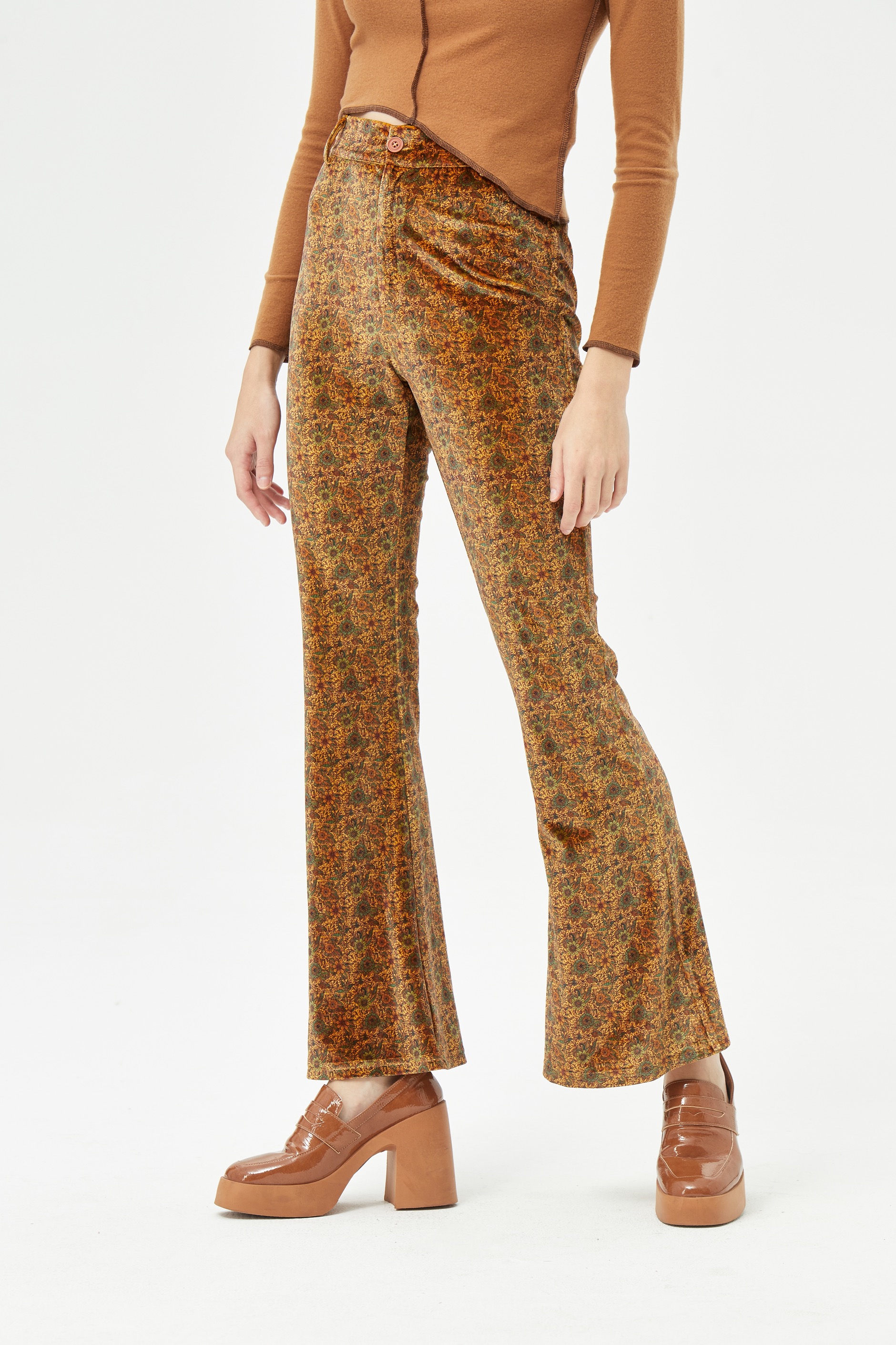 Retro Floral Pattern Trousers - Cider