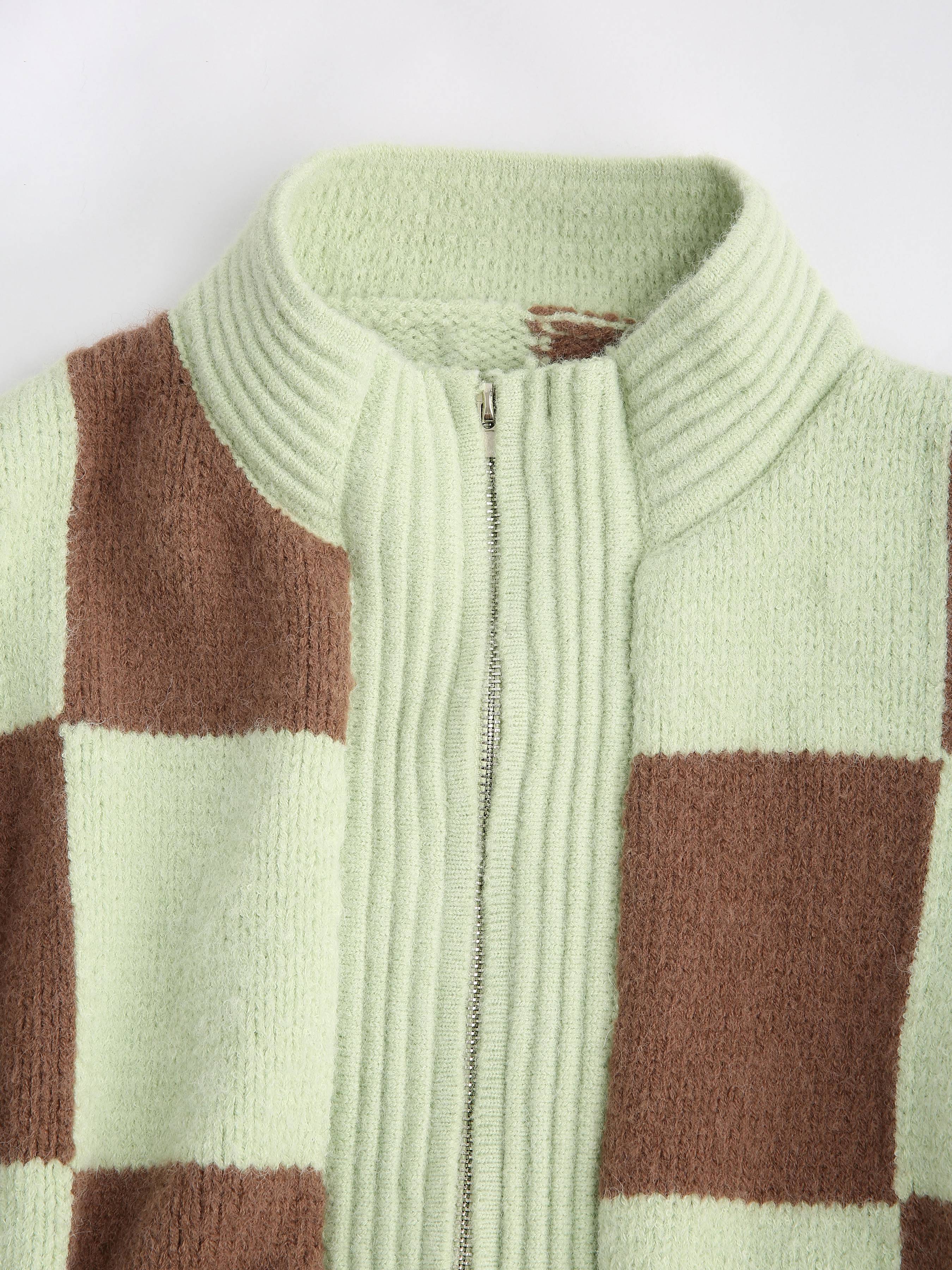 トップス CHECKER BOARD COLLAR ZIP UP CARDIGAN Checker Board Zip Up Cardigan For School Daily Casual