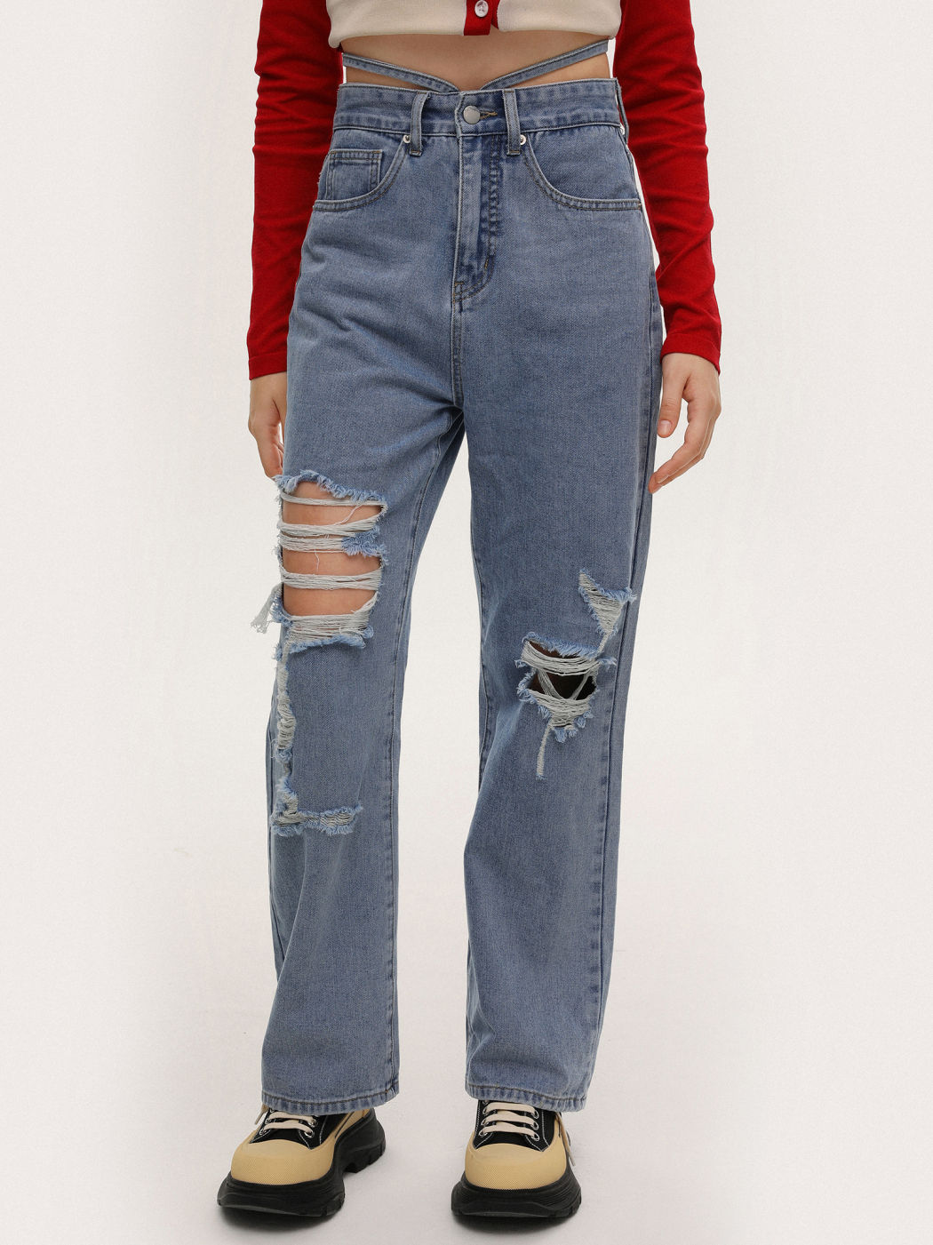Waist Tie Ripped Jeans