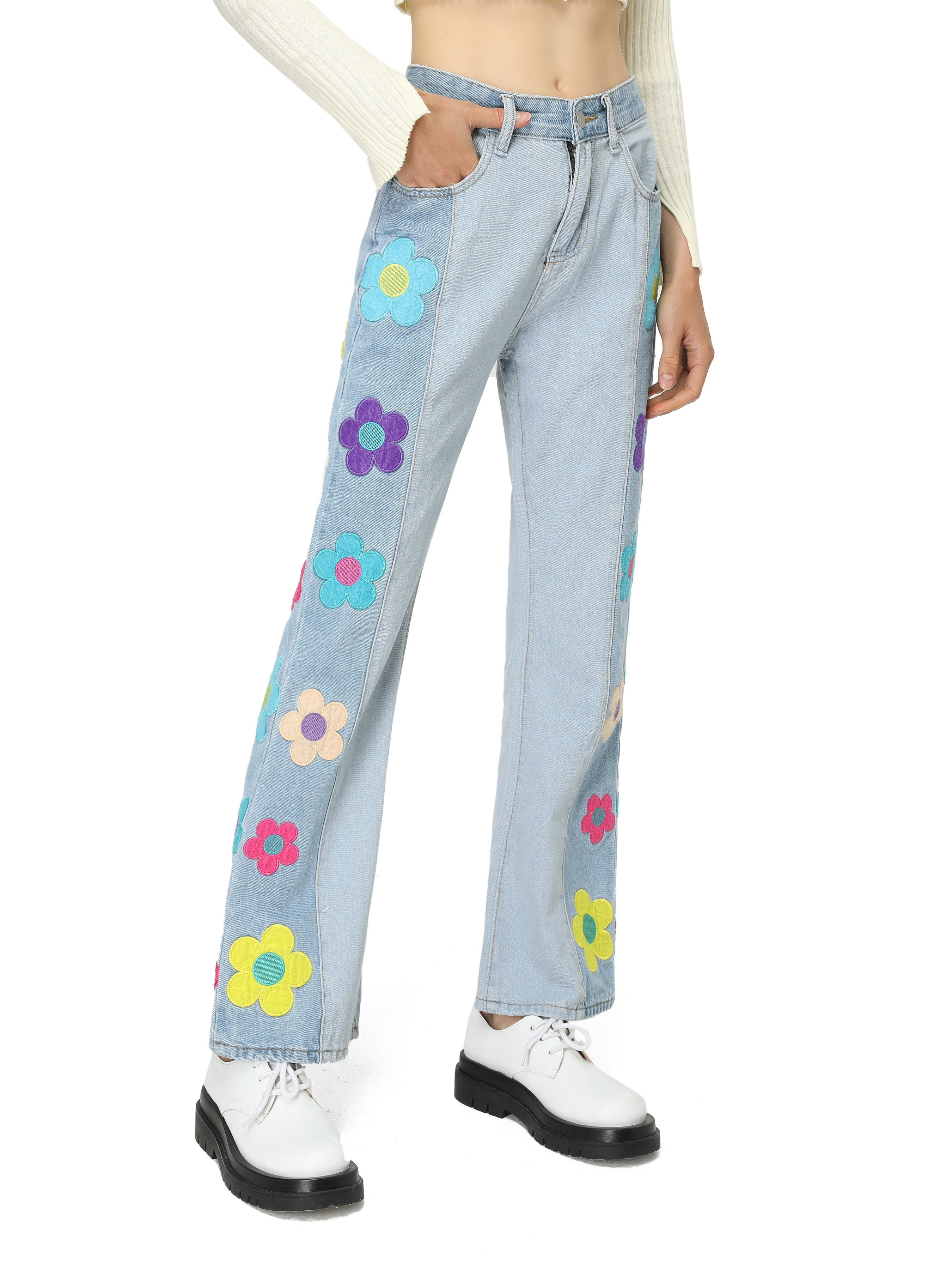Flowers in My Pocket Embroidered Jeans - Wicked AF Blue / L